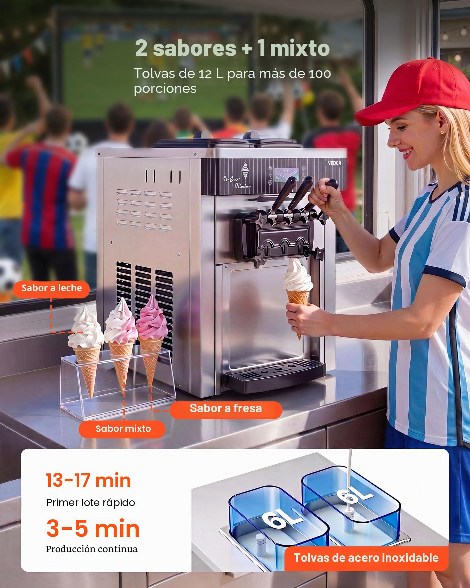 VEVOR Máquina de Helado Suave Comercial 3 Sabores 2200 W, Caudal de 20-28 L/h, Máquina para Hacer Helados Sobremesa con 2 Tolvas de 6 L, Agitación de Tolva, Preenfriado y Autolimpieza para Tiendas