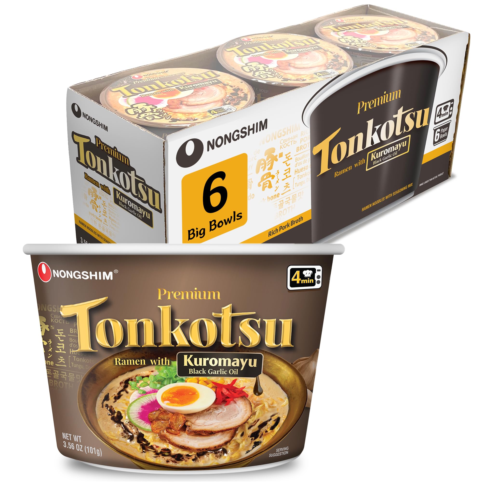 Nongshim Tonkotsu Ramen with Kuromayu Noodle Big Bowl, 3.56 Ounce (Pack Of 6)