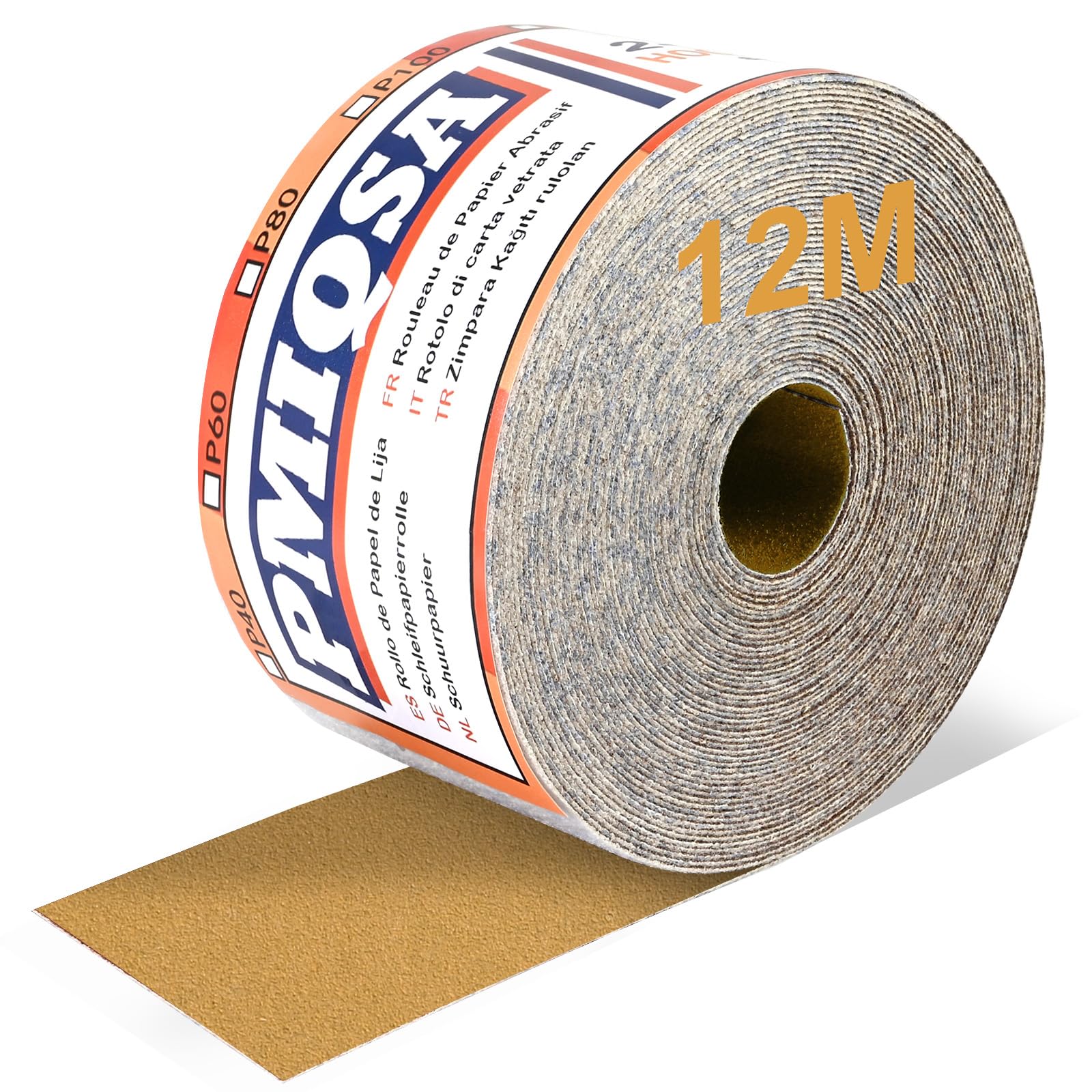 PMIQSA Sandpaper Roll 180 Grit, 70mm x 12m Aluminium Oxide Abrasive Sanding Paper, Hook & Loop Sandpaper for Automotive, Woodworking Color Sanding, Finishing Metal