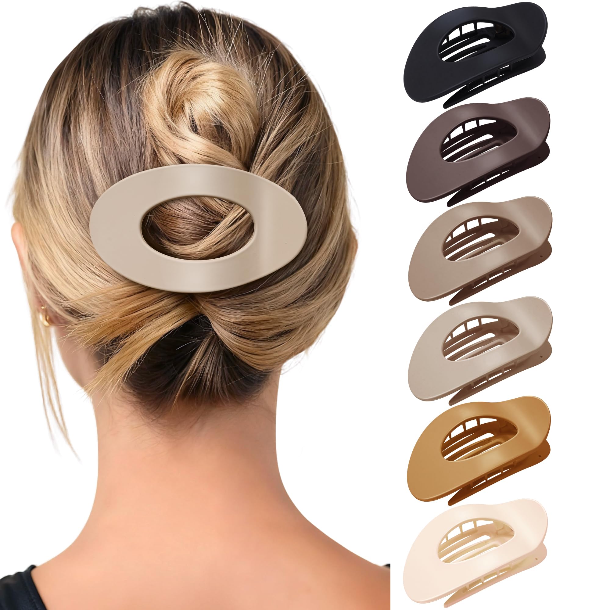 Photo 1 of Mesovor 6 Pack Flat Hair Claw Clips, 4.33" Nonslip Large Round Lay Flat Hair Clips | Strong Hold French Flat Hairclips for Lying Down, Yoga, Driving (Neutral Matte)