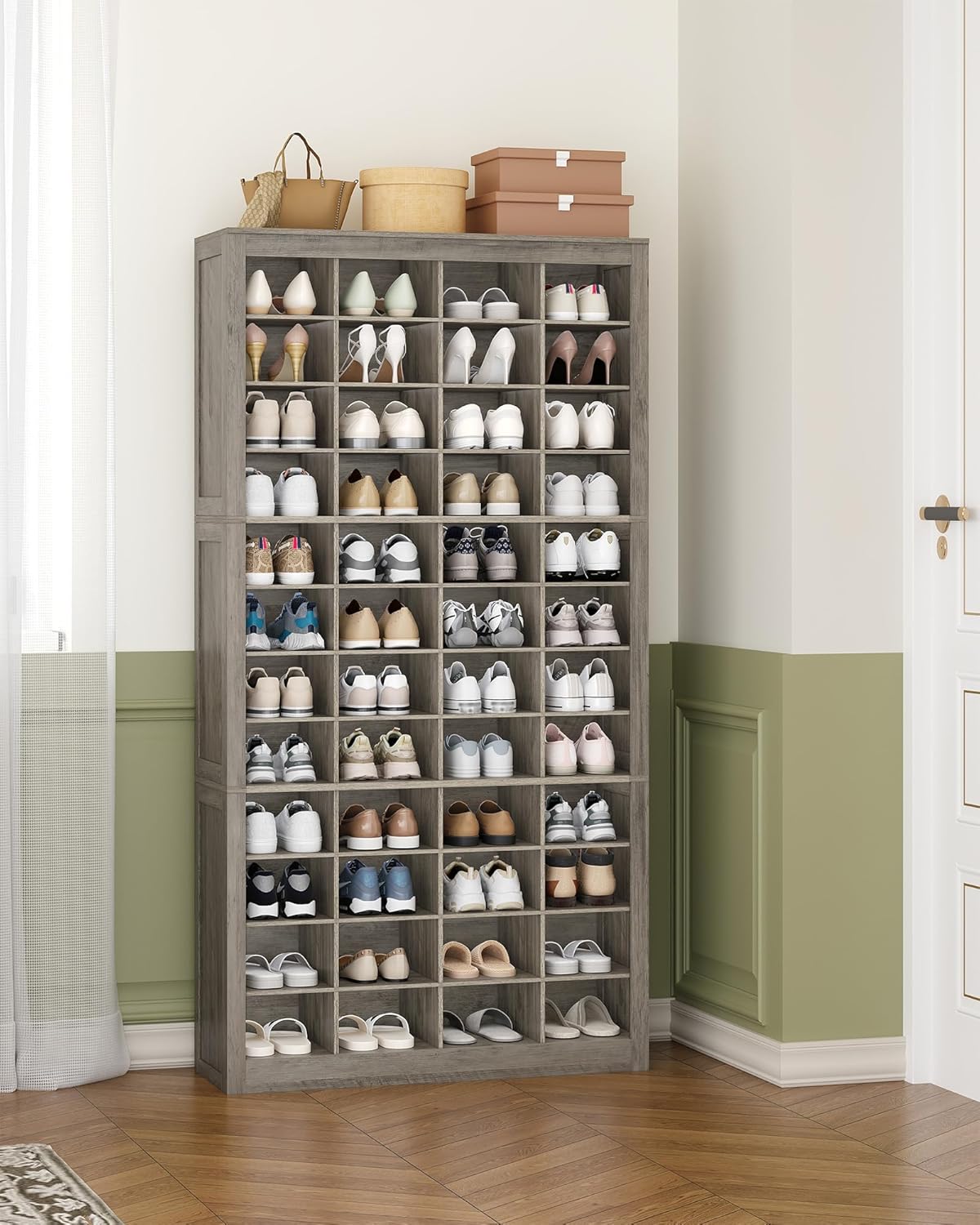 Hzuaneri Shoe Storage Cabinet, 48 Pairs Free Standing Closet Organizer, 9 inch Widened Cell Wood Shoe Organizer, 12 Tiers Vertical Space Saving Shoe Rack for Entryway, Cloakroom, Greige SR39605X