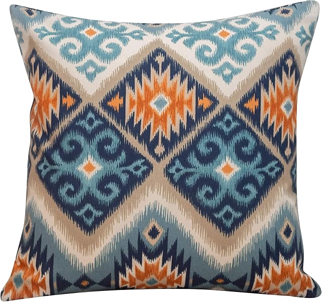 Linen Loft Printed Navajo Kilim Style Cushion Cover. Teal Blue and Burnt Orange Abstract Geometric Design. 17"x17" (43cm) Square Pillow Case, 100% Cotton, Double Sided. Native American Style.