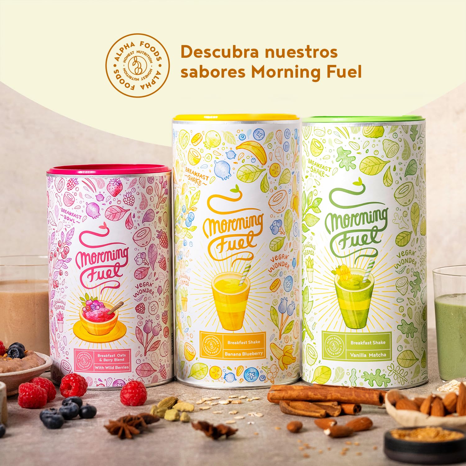 Morning Fuel Batido para Desayunos y Meriendas Nutritivos - con Vitamina B6 y B12 - Batidos Sustitutivos de Comida - Proteina Vegana de Guisantes y Avena - Sabor Plátano y Arándano 600g - Alpha Foods