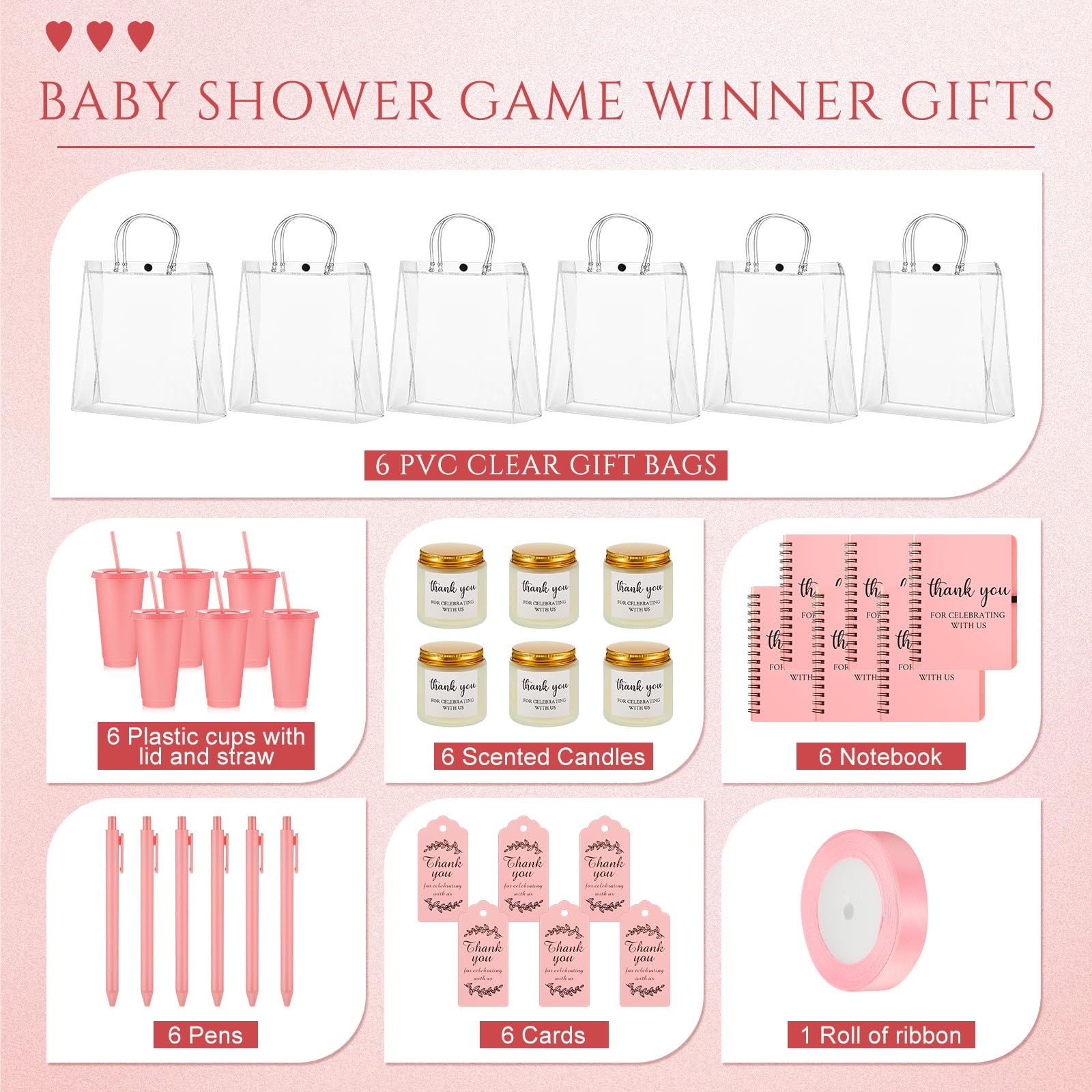 Nuogo 6 Sets Baby Shower Prizes for Player Winners Adults Include Plastic Tumbler Notebook Scented Candles Ballpoint Pen Gift Bag, Baby Shower Player Winner Gifts Bridal Game Gifts(Pink)