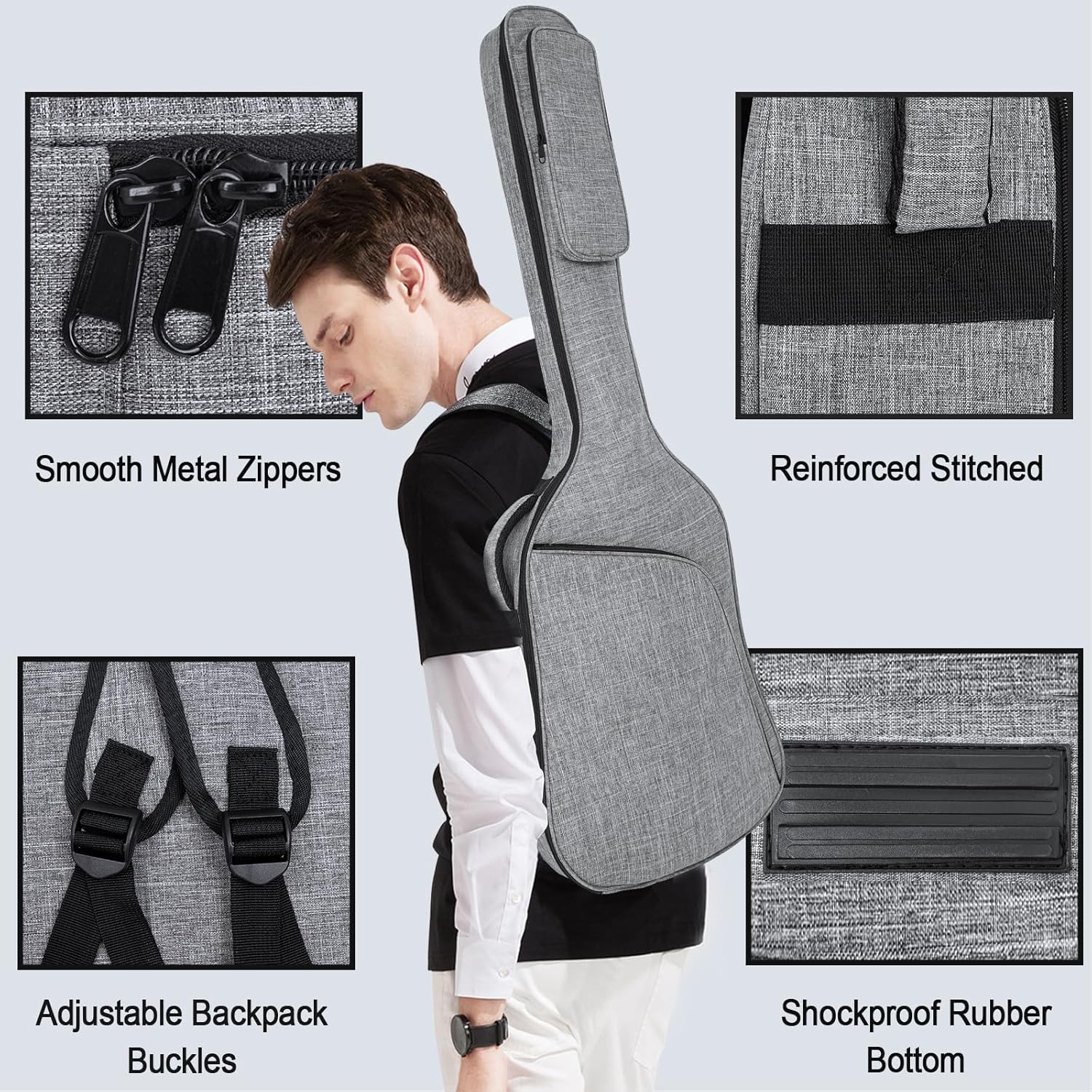 Bass Guitar Bag, Bass Gig Bag 7MM Padding Soft Electric Bass Guitar Case Backpack with Pockets, Grey