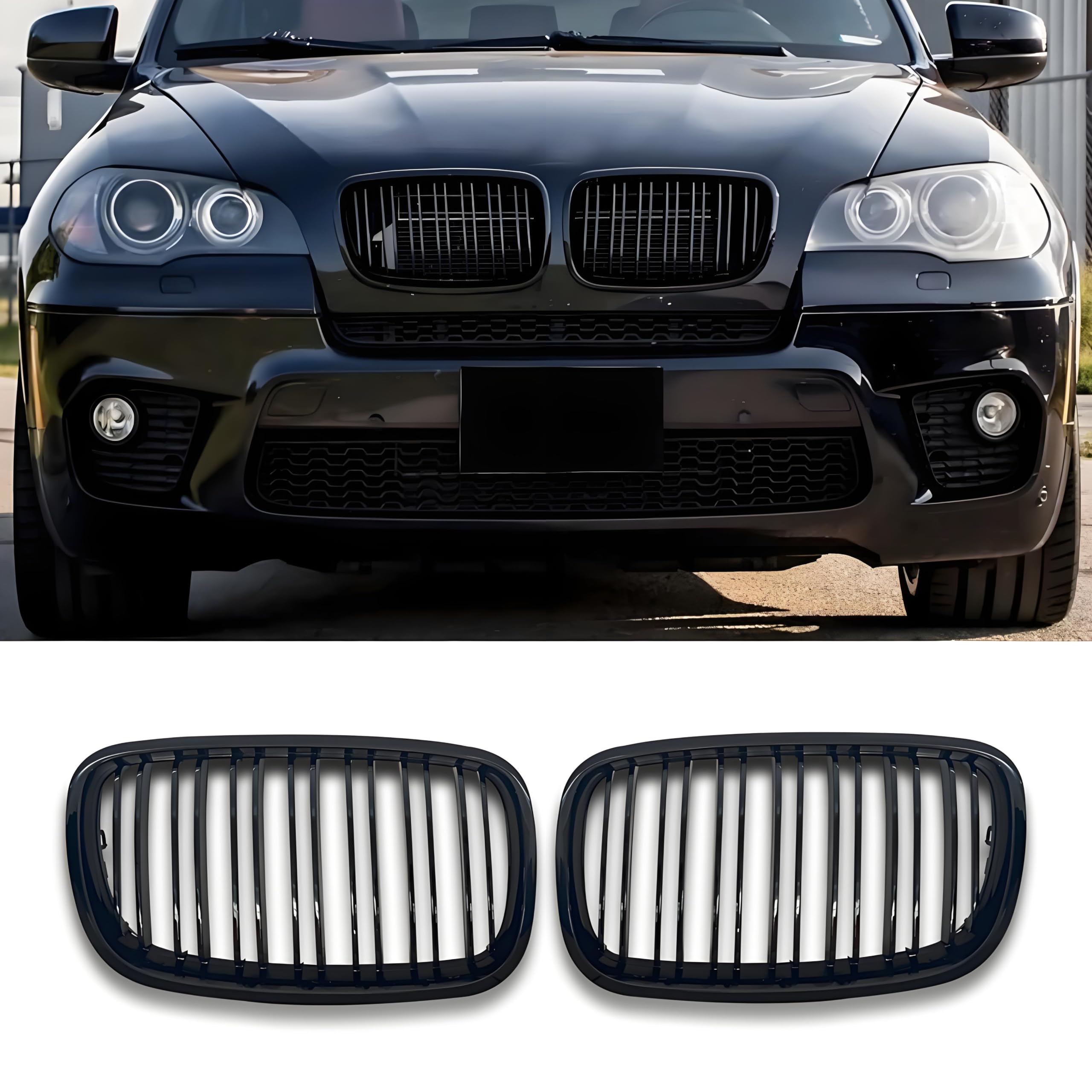 E70 Black Riñones Rejilla del radiador para BMW X5 X6 E70 E71 parrilla riñón doble puente Sport brillante negro delantera 2007-2013 (For X5 X6 E70 E71 2007-2013)