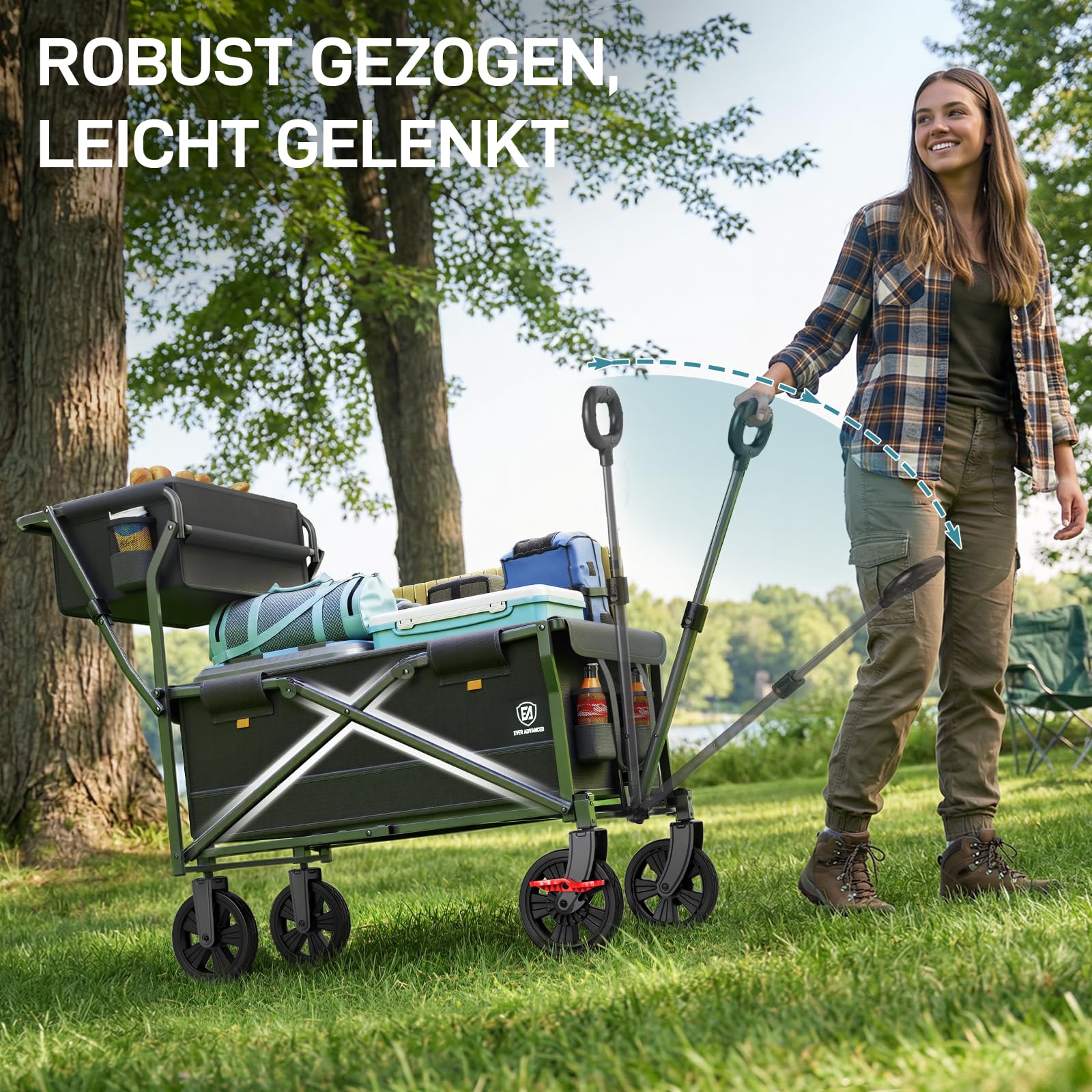 EVER ADVANCED Bollerwagen faltbar schieben&ziehen mit Bremse Einkaufskorb Getränkhalter Seitentasche Handwagen klappbar Strandwagen bis 120kg Faltwagen Transportwagen für Camping