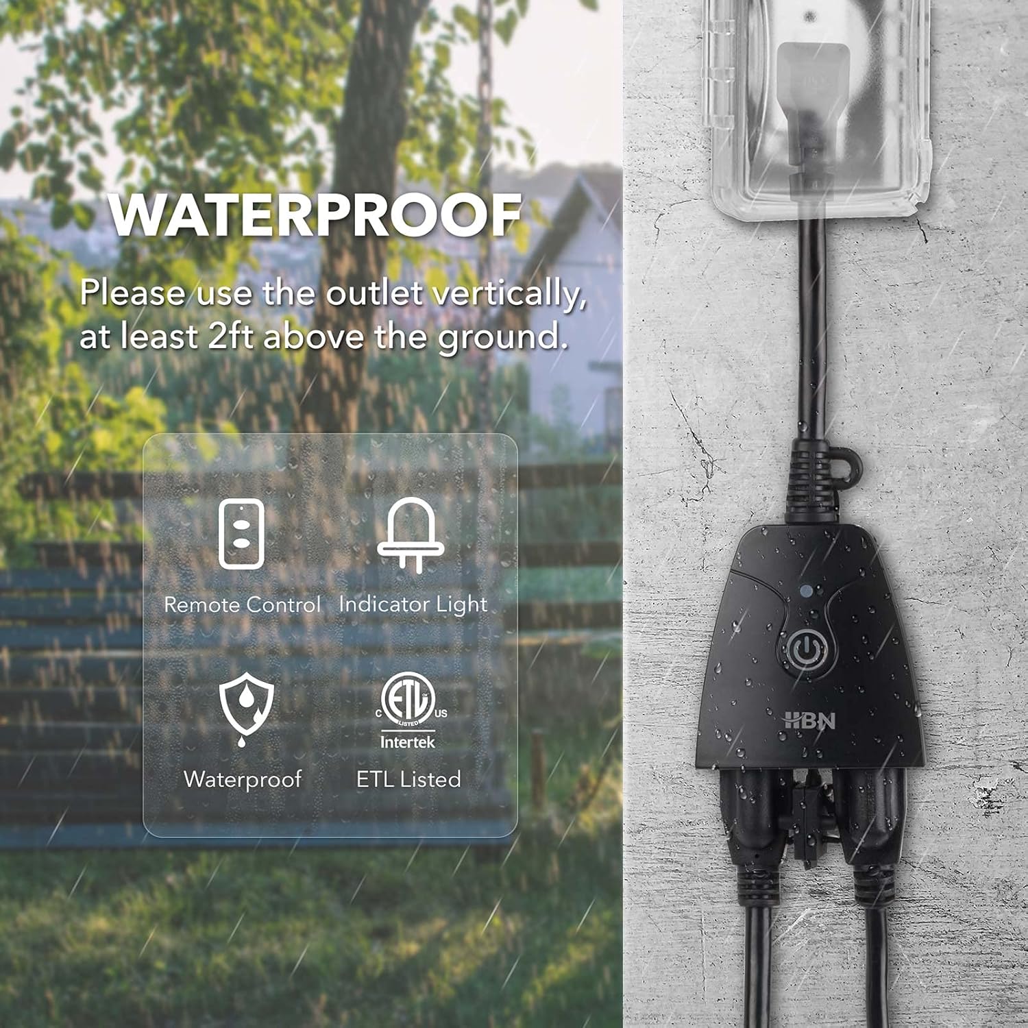 HBN Outdoor Indoor Wireless Remote Control Dual 3-Prong Outlet Weatherproof Heavy Duty 15 A Compact 2 Grounded Outlets with Remote 6-inch Cord 100ft Range ETL Listed (Battery Included) : Electronics