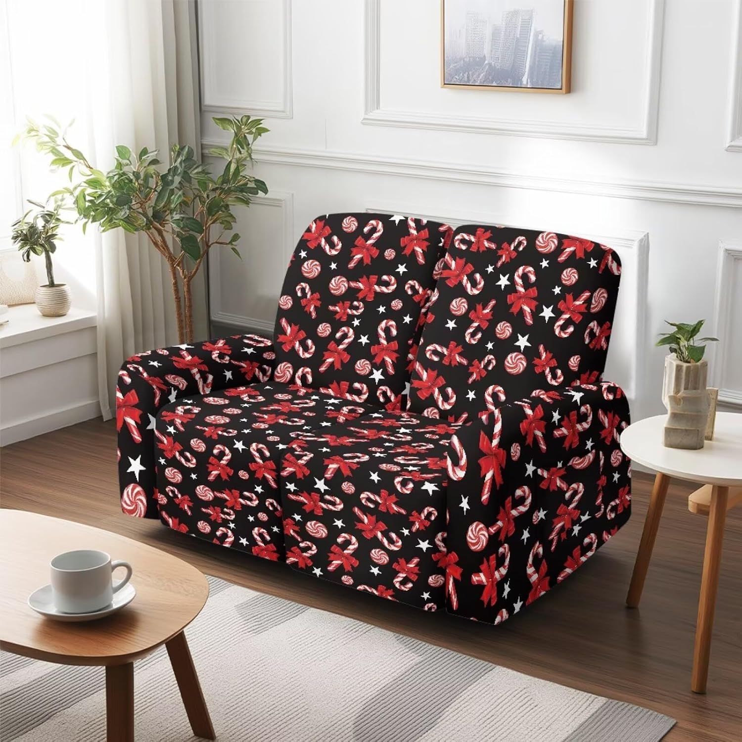 Christmas Candy Print Loveseat Recliner Covers Soft Recliner Love Seat Slipcover with Pockets Lazy Boy Sofa Couch Covers for Xmas Decorative Supplies