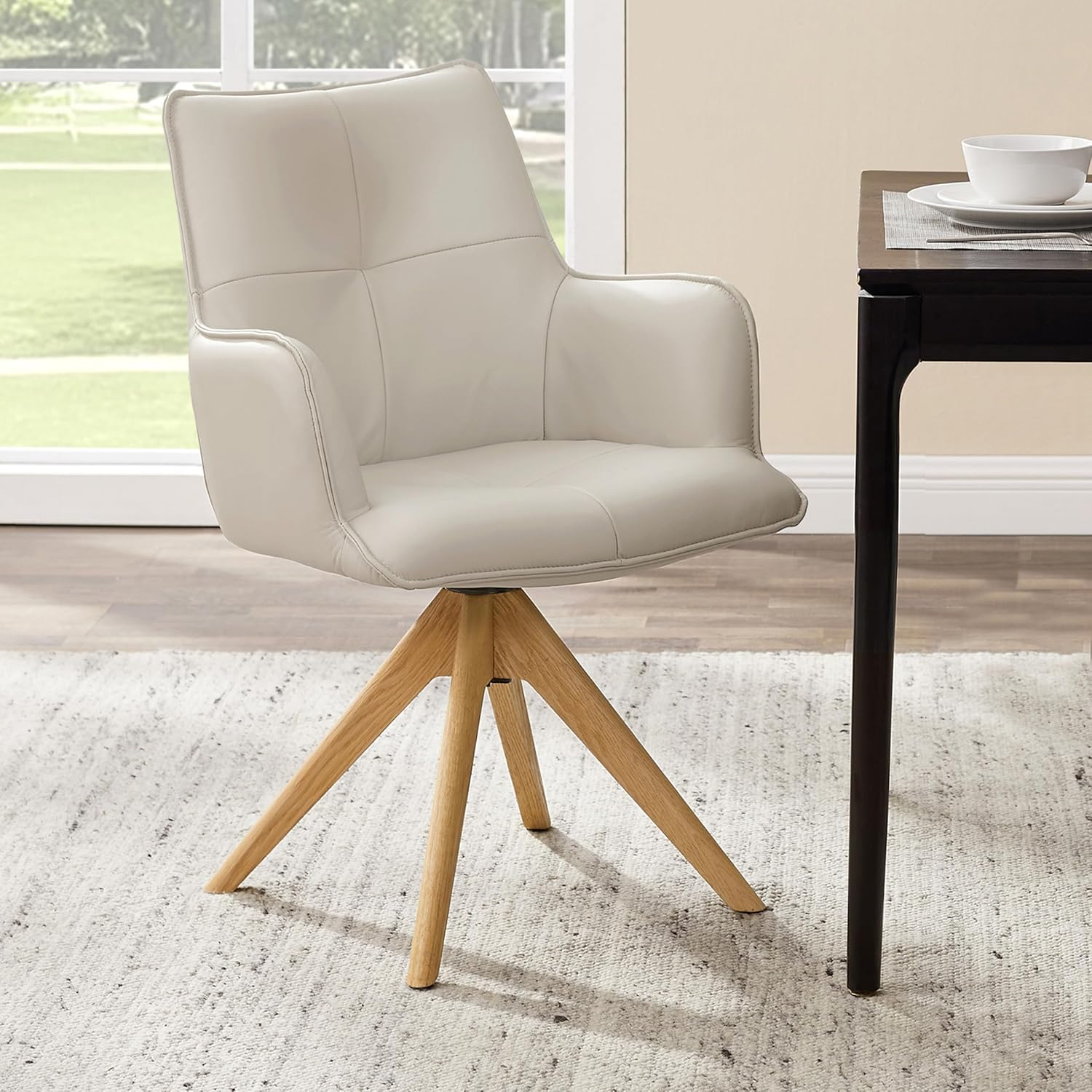 Zouron Genuine Leather Desk Chair No Wheels, Swivel Office Chair with Wood Legs, Modern Upholstered Accent Armchair for Home Office, Bedroom, Living Room, Off White