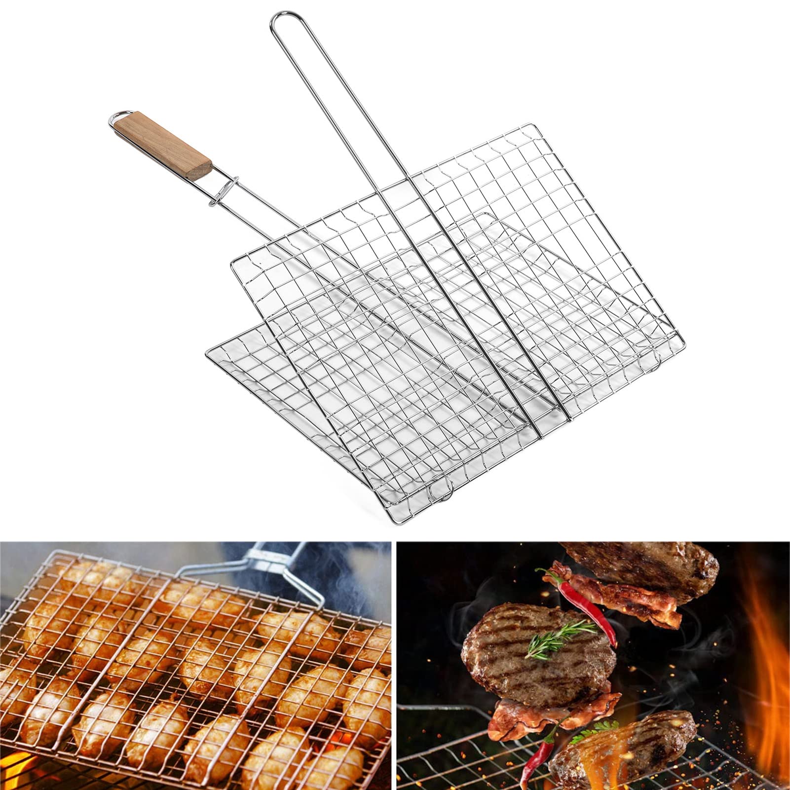 Cestello per griglia, griglia in acciaio inossidabile, distribuzione uniforme del calore, antiruggine, facile da fissare, griglia per pesci, manico in faggio antiscottatura, griglia per barbecue