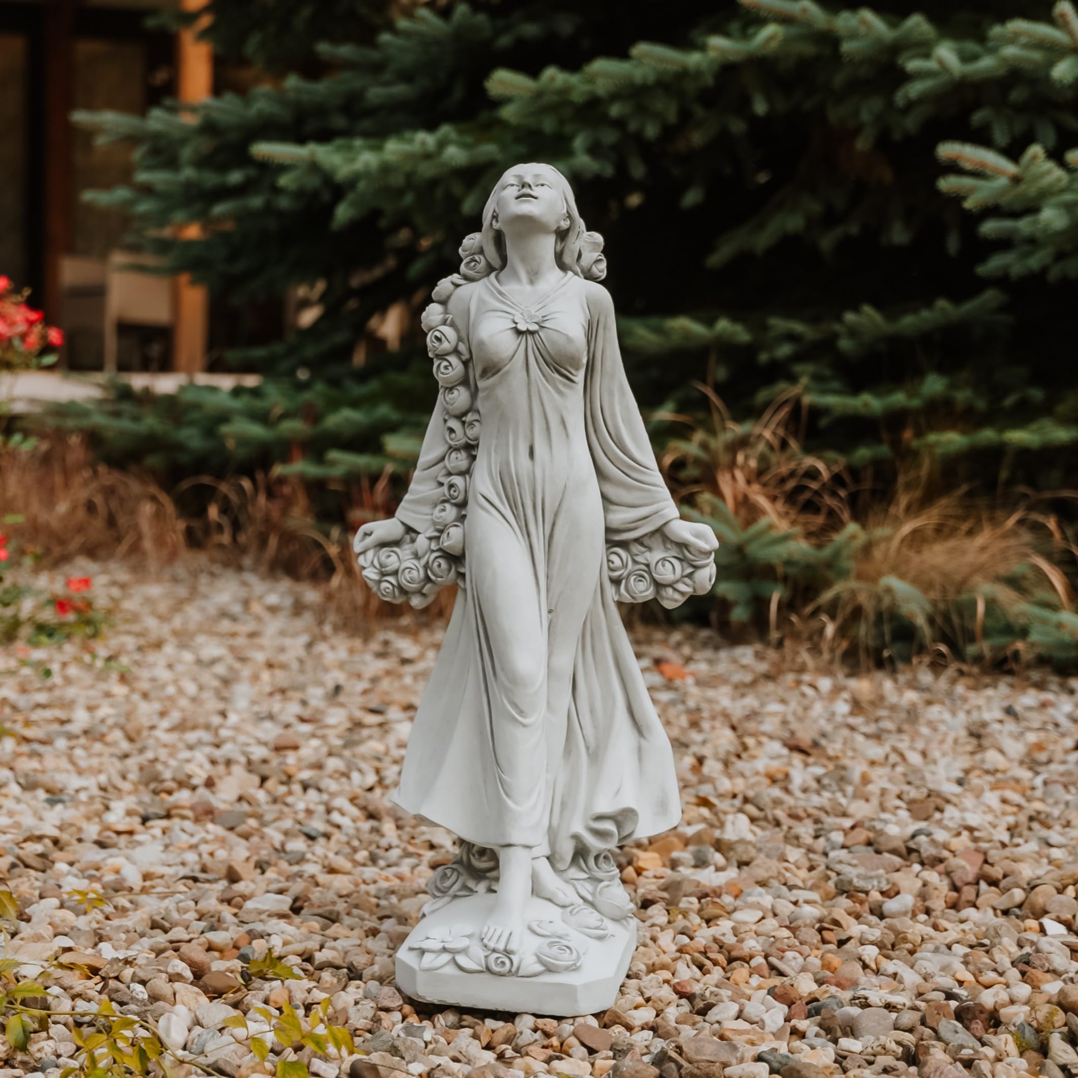 gartendekoparadies.de Statue Flora Gartenfigur, Steinguss, H. 78 cm, 34 kg, Römische Göttin mit Rosenranken, Gartendekoration für Terrasse und Blumenbeet, Frostsicher