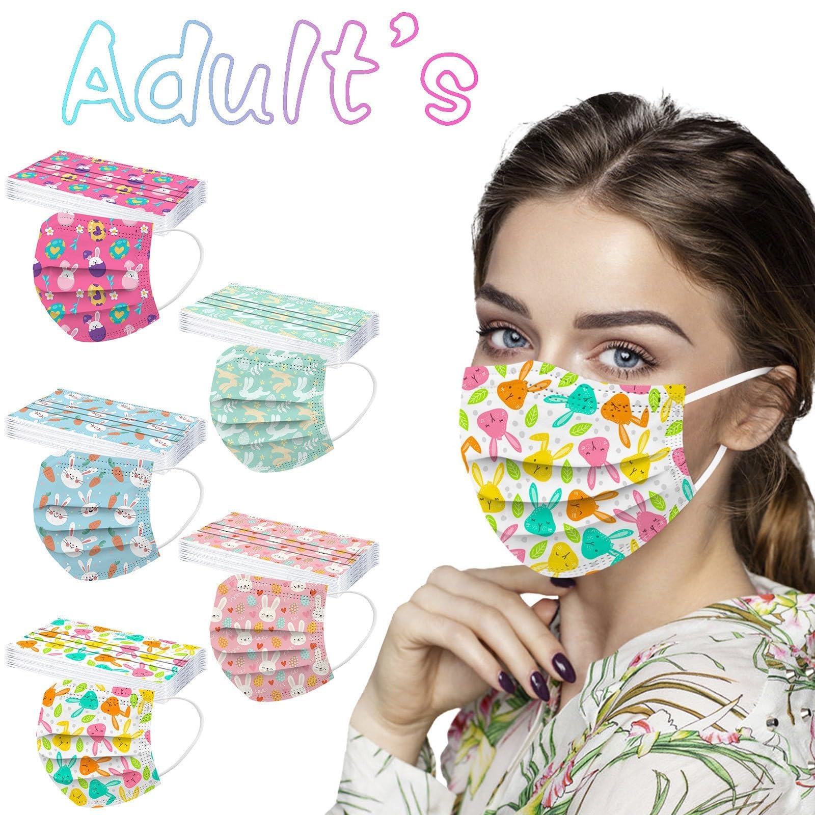 50PCS Easter Disposable Face Mask, 3 Ply Breathable Bunny Printed Face Masks for Adults Women Full Face Protection (Multicolor)