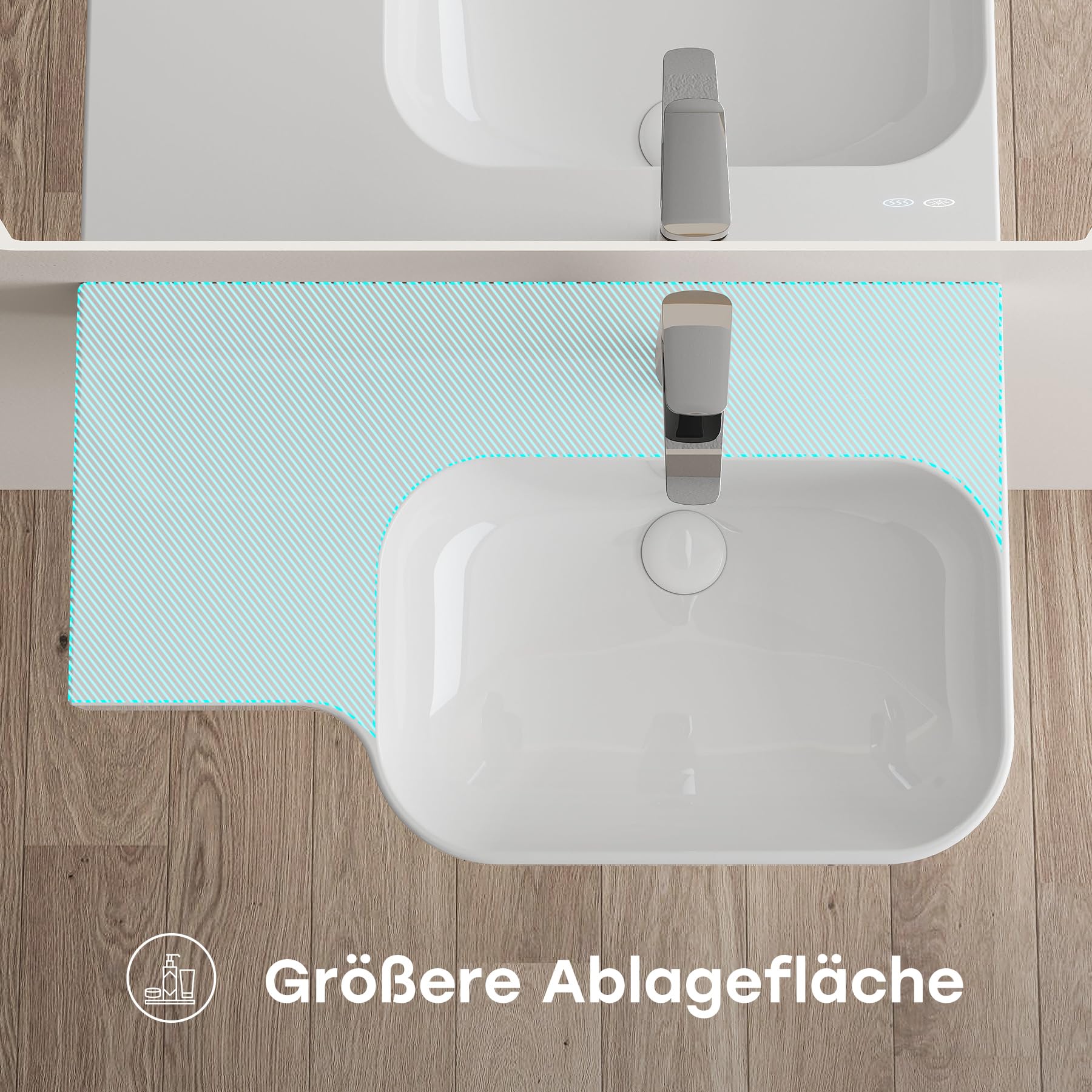 HOROW Waschbecken Bad Wandmontage mit Ablage 72x45 cm | Modernes Keramik Hängewaschbecken Waschtisch Bad für Badezimmer, Gäste WC & Garten, leicht zu reinigen