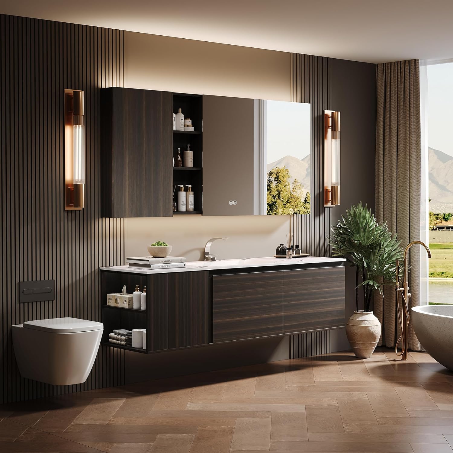 Floating Wood Bathroom Vanity with Sink, Mirror Cabinet Touch-Screen Lighting&Smart Defogging, Modern Bathroom Cabinet. (44''Single Sink)
