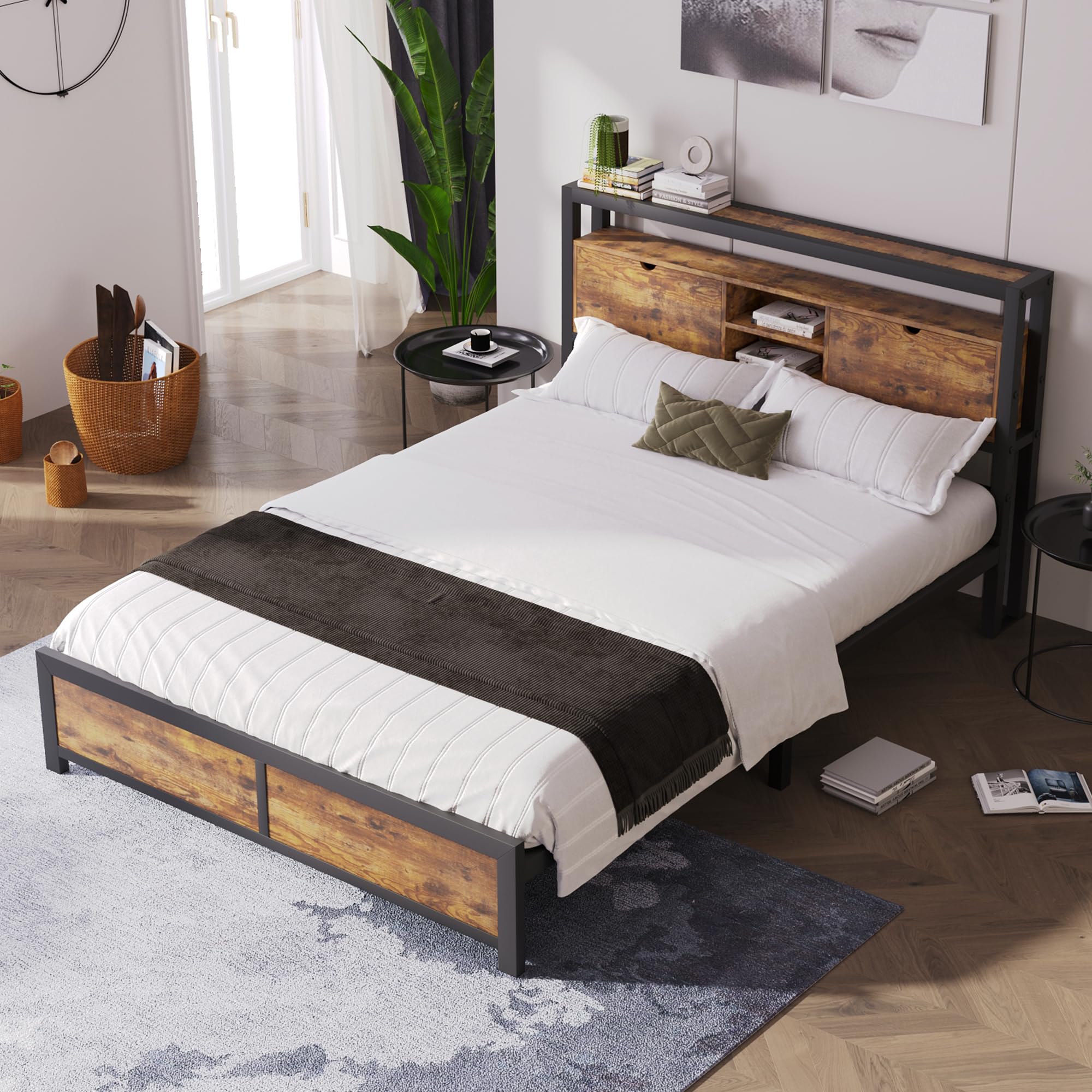 Bedframe van metaal en hout, metalen bed met lattenbodem Bedframe van metaal en hout, metalen bed met lattenbodem