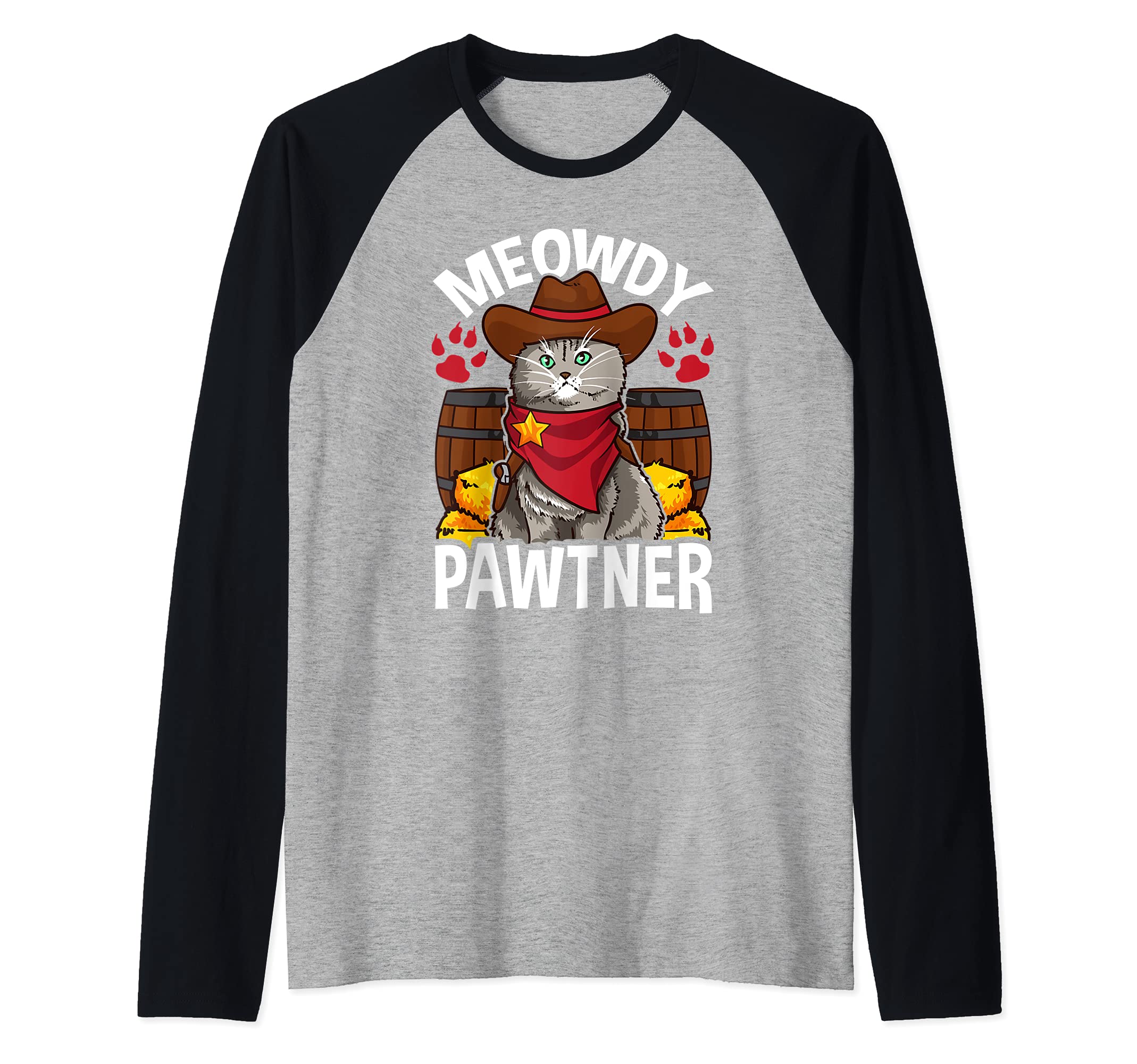 Meowdy Pawtner Funny Cat Cowboy Raglan Baseball Tee, Black
