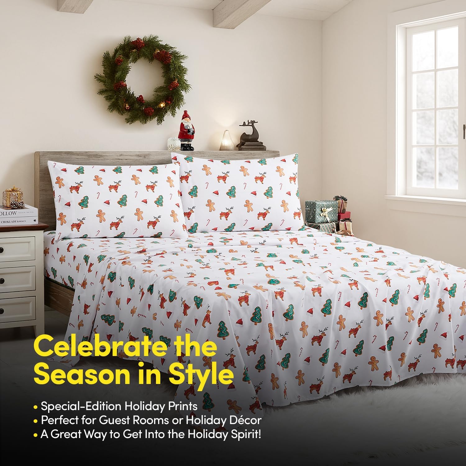 California King Christmas Sheets with Built‑in Sheet Straps – Cozy Christmas Bedding for Holiday Cheer & Winter Dreams – Soft, Snug Sleep for Seasonal Celebrations, Holiday Cookies