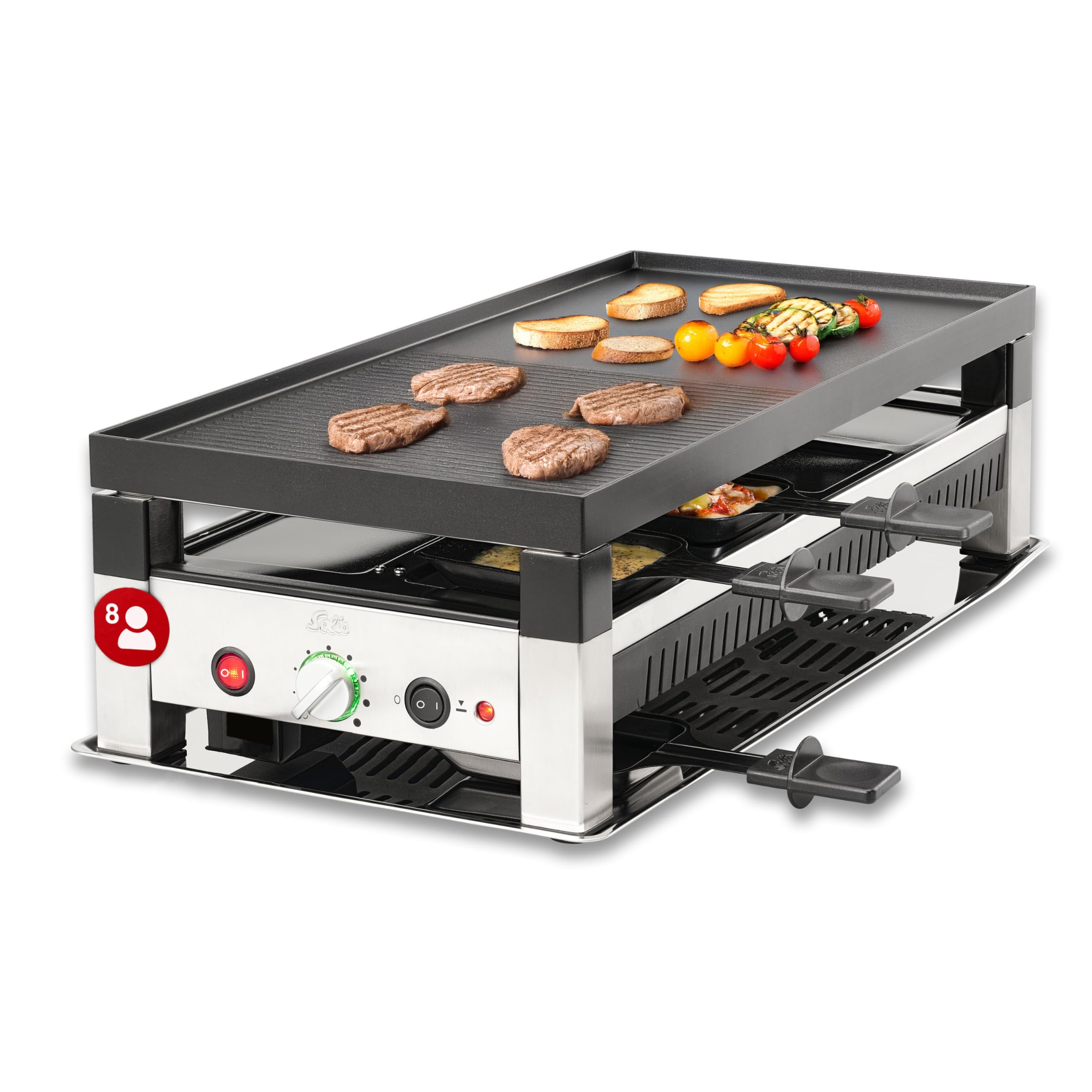 Solis Table Grill 791 5 en 1 Appareil à raclette pour 8 personnes – Raclette + grill de table + wok + grill à pizza + crêpes – Barbecue électrique – 1400 W – Acier inoxydable