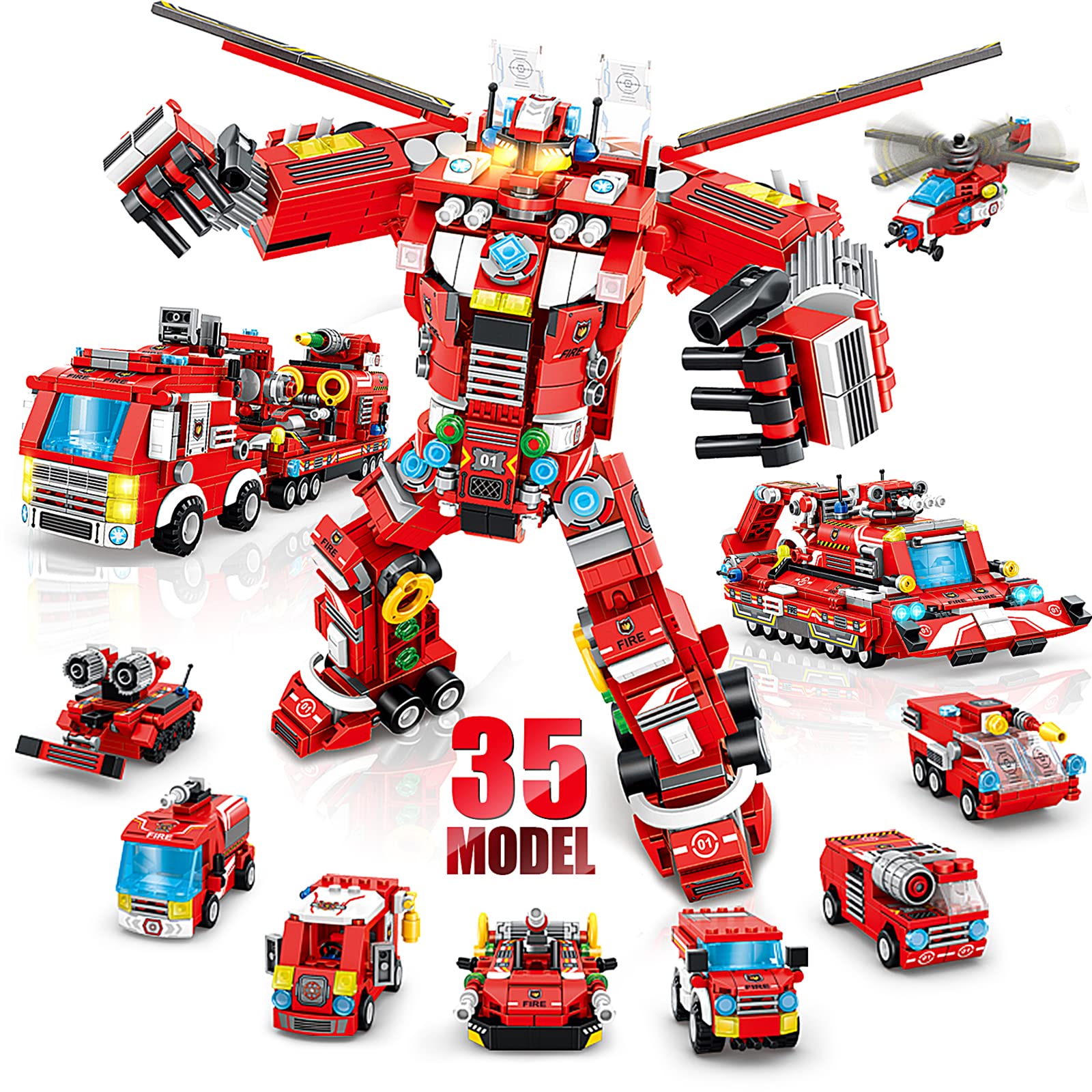 Panigkids 836 PCs Robot Building Kit Toys, 35 in 1 STEM Educational Building Bricks City Firetruck Kit, Home Desk Decor, Birthday Christmas Children's