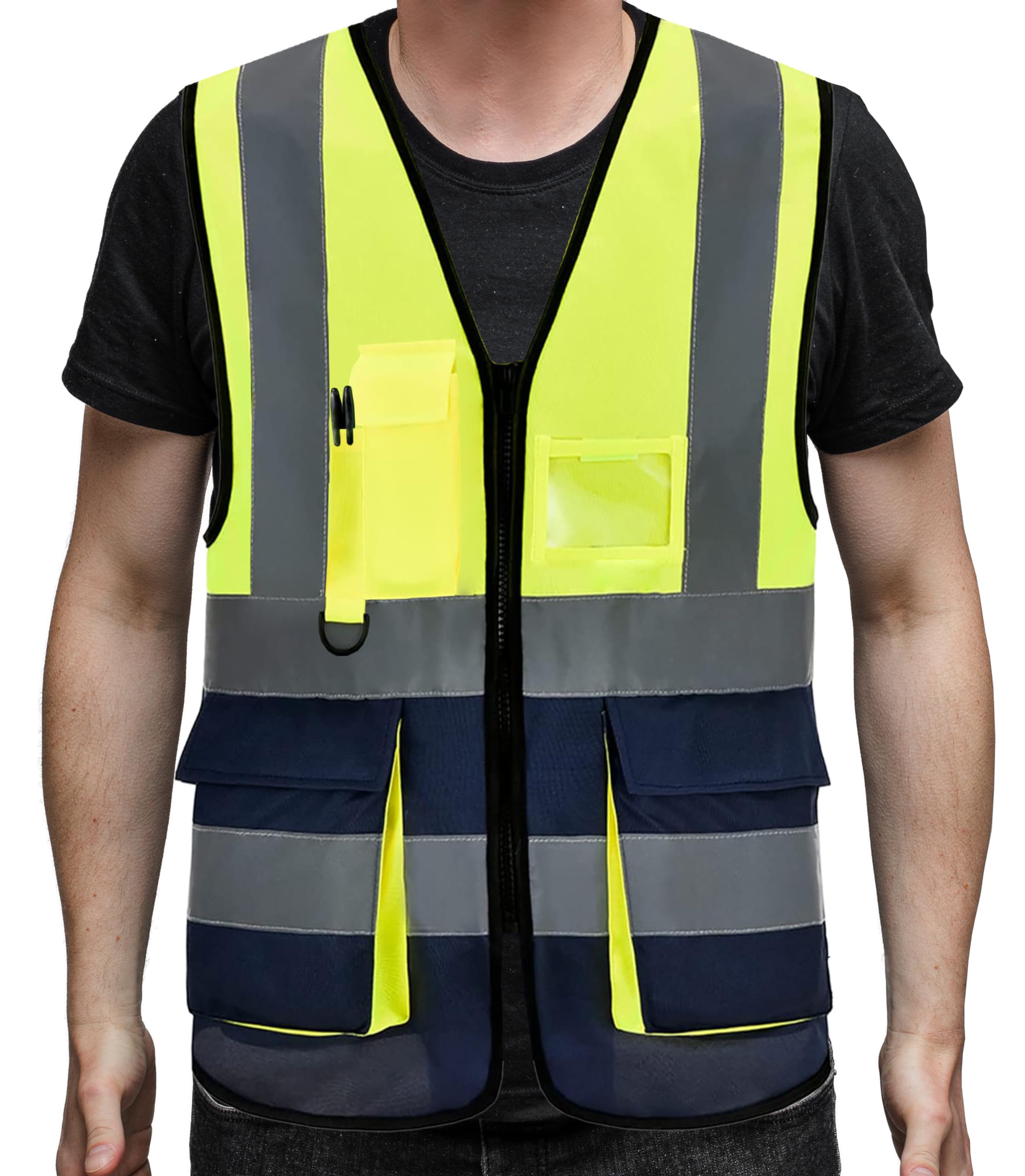 PB TECH Hi Vis Zipper Front High Visibility Reflective Vest Hi Vis Executive Jacket Vest Waistcoat ID & Multiple Pockets (Yellow & Navy