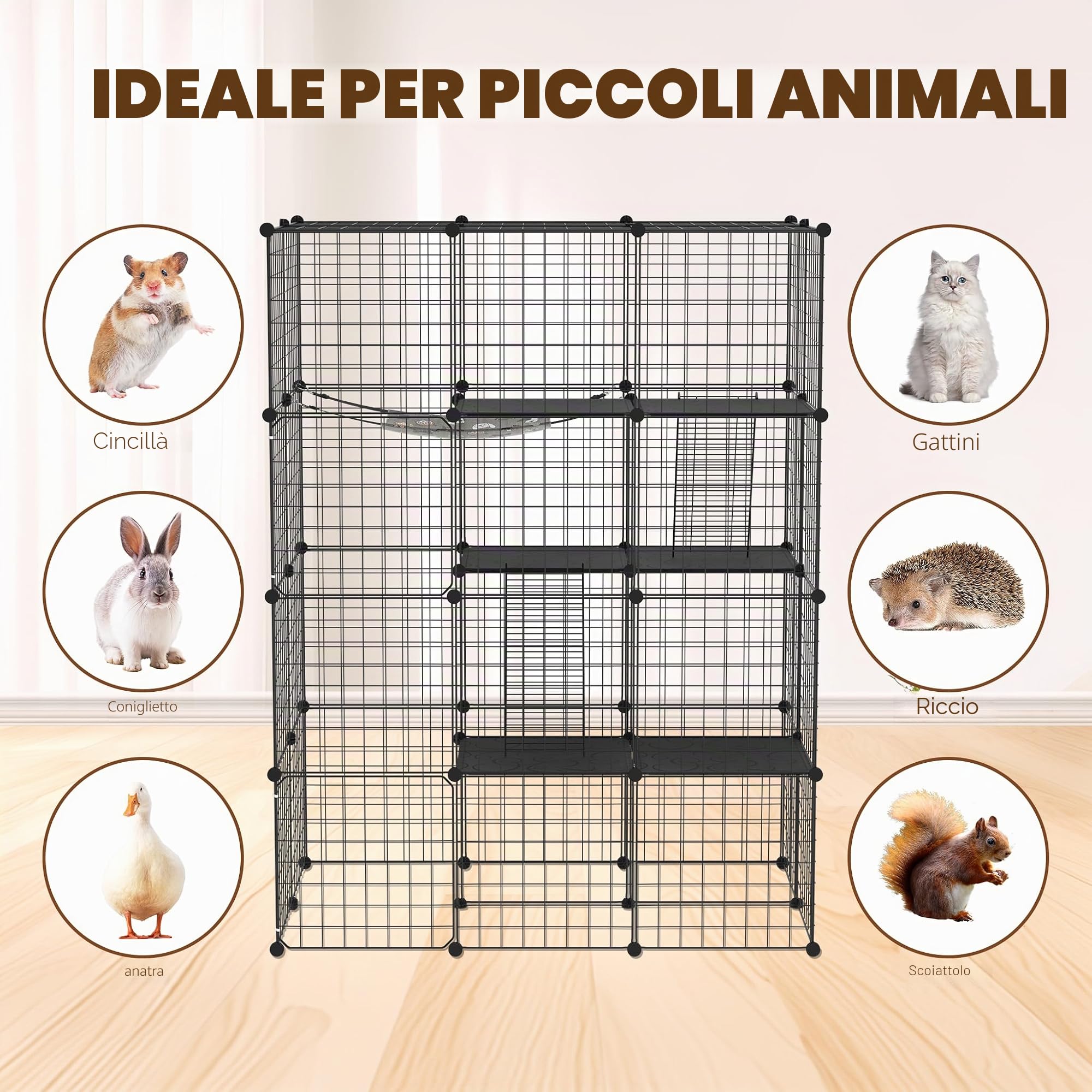 ACXIN Gabbia per gatti a 4 livelli con sistema a incastro fai da te, recinto per gatti con amaca rimovibile, 2 scale e 2 porte, beccuccio per gatti e piccoli animali