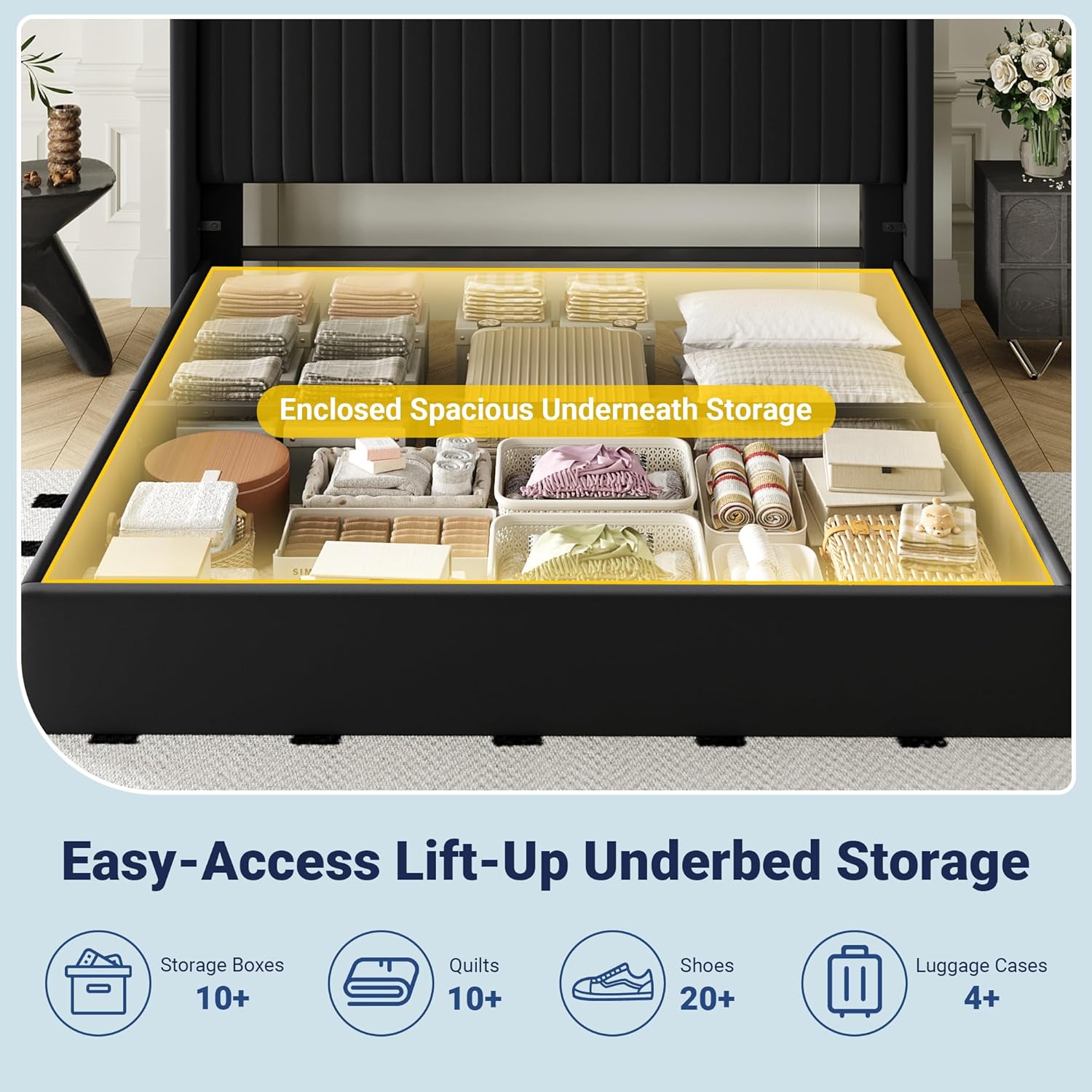 Allewie King Size Lift Up Storage Bed Frame, Hydraulic Support System, Upholstered Platform Bed Frame, Underneath Storage, Vertical Channel Tufted Headboard with Wingback, No Box Spring Needed, Black