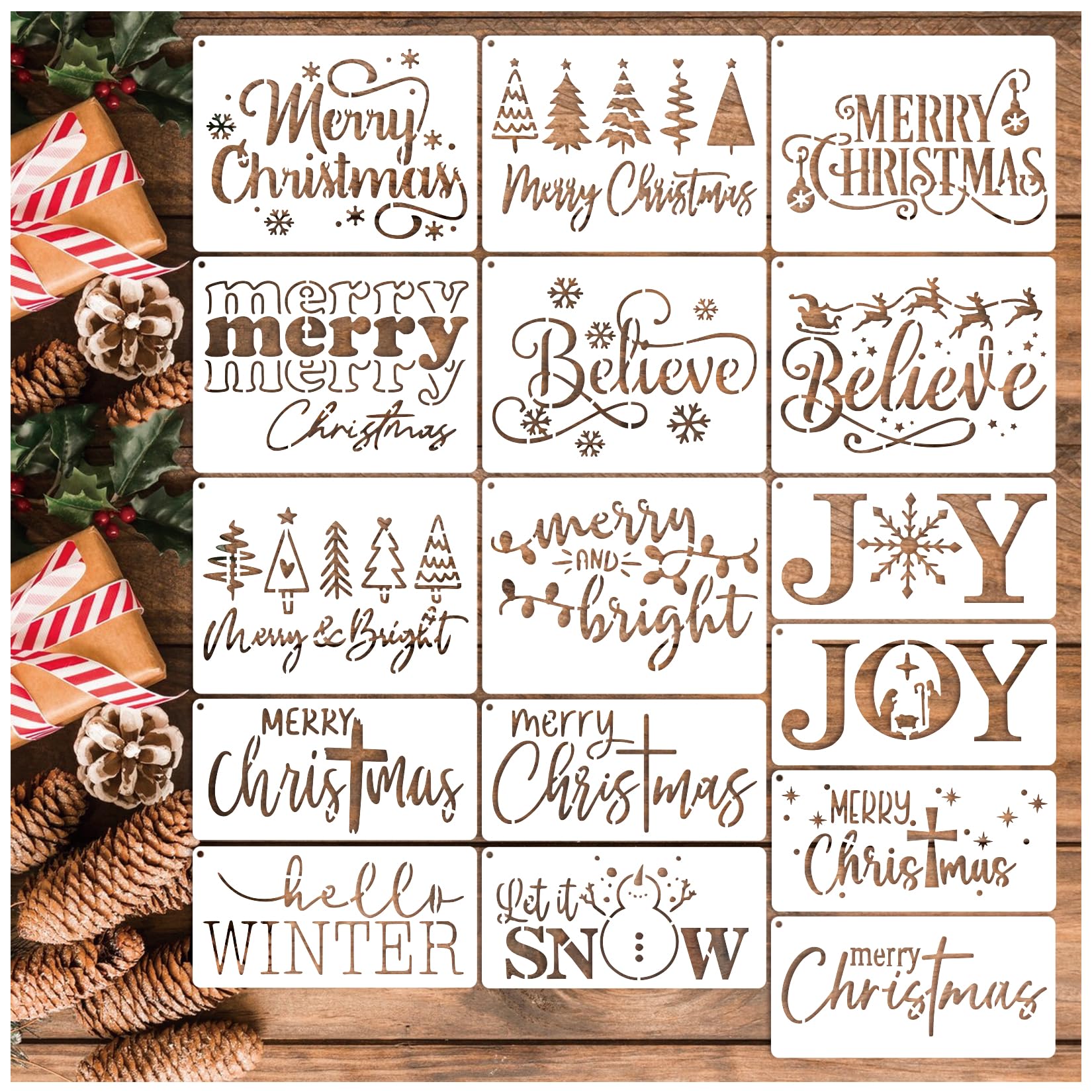 16pcs Merry Christmas Stencils for Card Making Reusable Drawing Believe Christmas Stencils for Painting on Wood Signs, Crafts, Wall Decorations