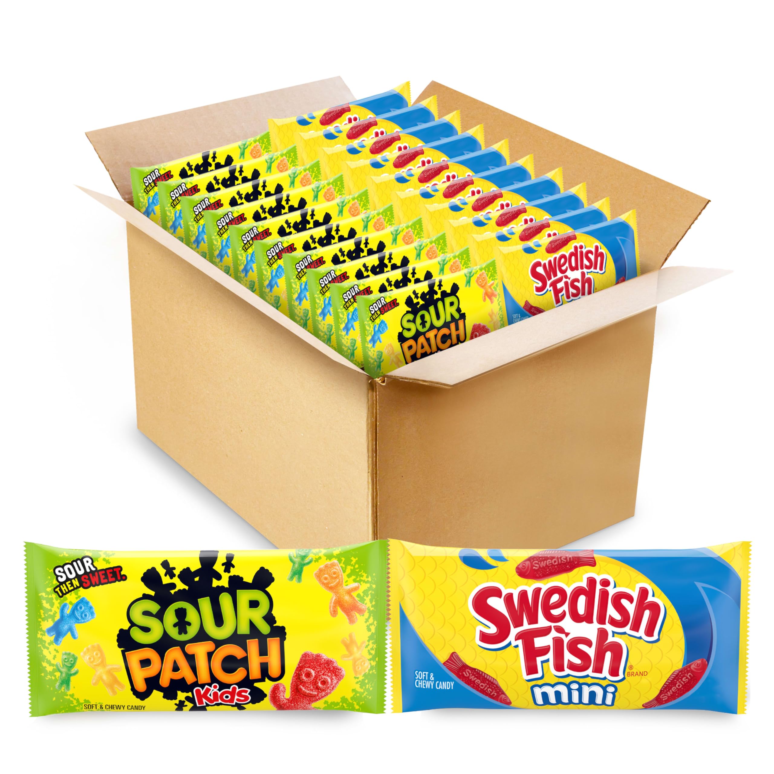 SOUR PATCH KIDS and SWEDISH FISH Mini Soft & Chewy Gummy Candy Variety Pack, Bulk Candy, 20 Snack Packs