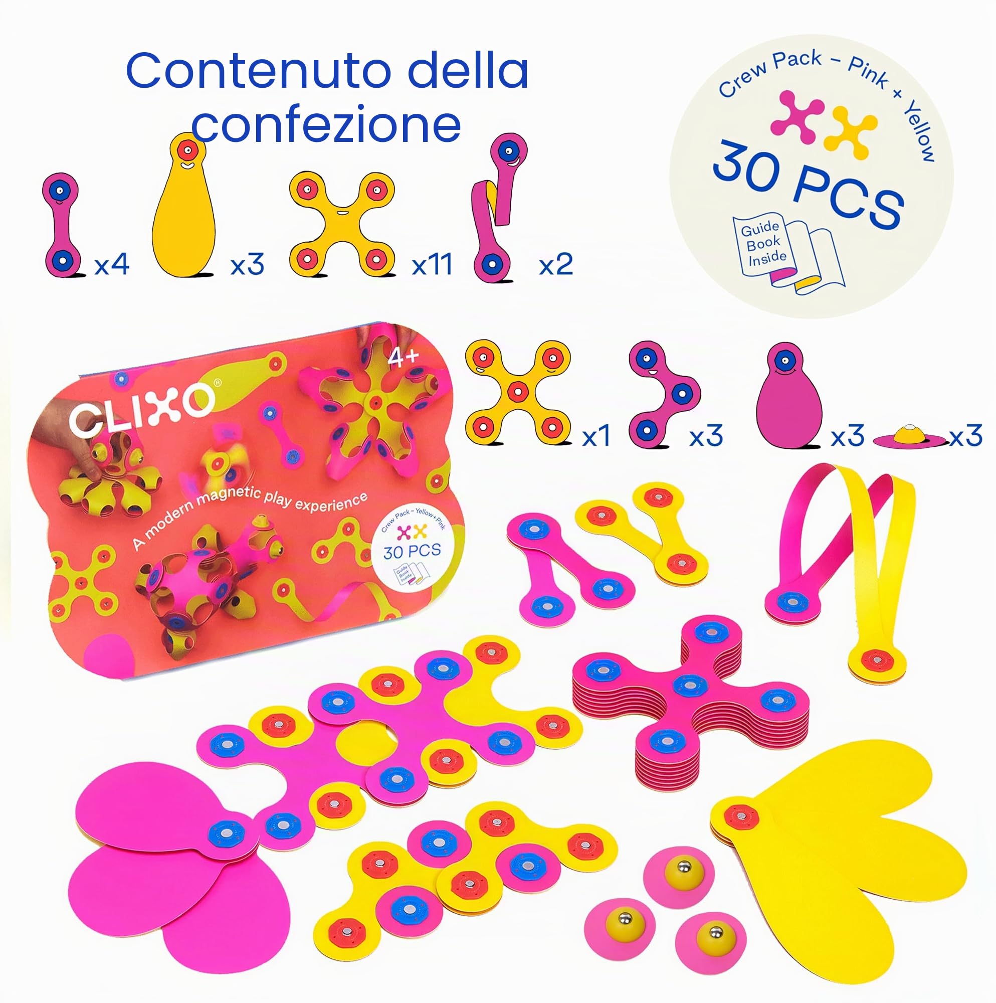 Clixo Crew 30 pezzi – Rosa & Giallo - Il giocattolo magnetico da costruzione flessibile, per aumentare l'immaginazione, design moderno e modulare per ore di gioco STEM. Un magnete multi-sensoriale