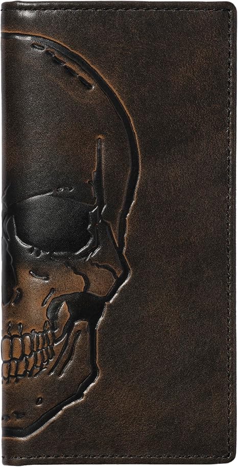 Skull Long Bifold Wallet for Men, Full Grain Cowhide Leather Biker Wallet, Black