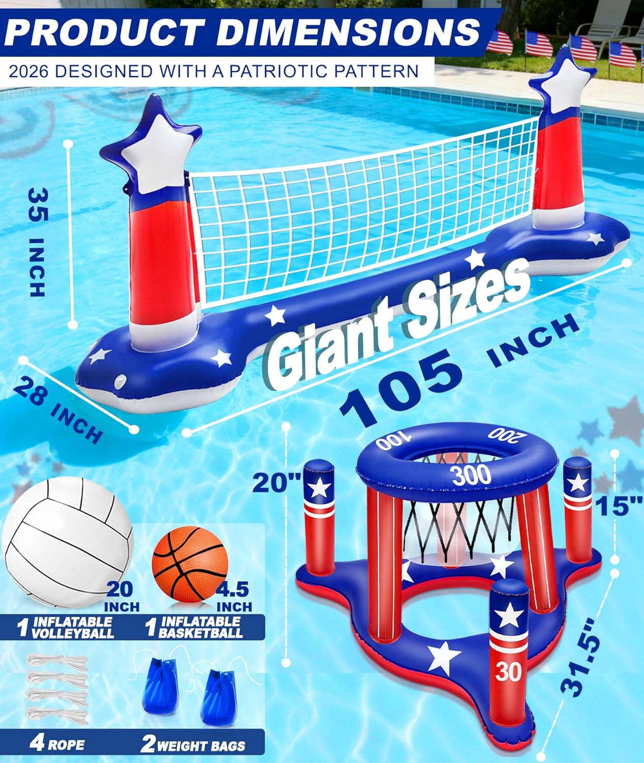4th of July Pool Games Set, Volleyball Net & Basketball Hoop & Ring Toss, 250th Anniversary 3-in-1 Large Inflatable Water Sport Game Toys for Multi-Player Adults American Flag Swimming Summer Party