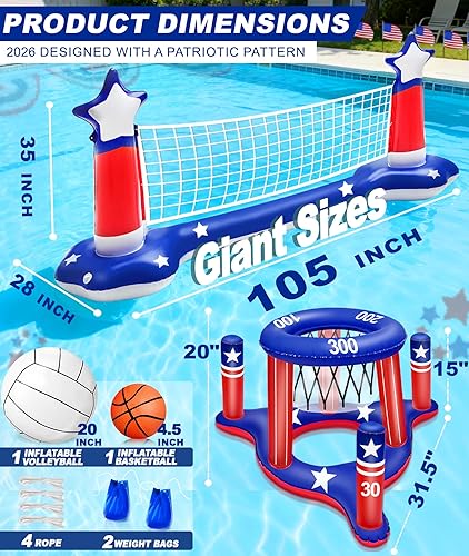 Vista 3 de Grandes juegos inflables de piscina, red de voleibol y aro de baloncesto con 2 pelotas de playa, bandera estadounidense, juguetes de agua