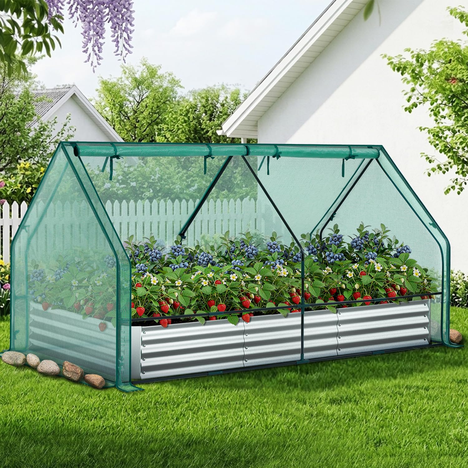 Aiuola Rialzata Metallica 3-in-1 con Serra 240x120x30 cm, Contenitore per Piante in Acciaio Zincato, Kit Serra con 4 Porte, Kit Aiuola per Giardino, Balcone, Coltivazione di Verdure ed Erbe Aromatiche