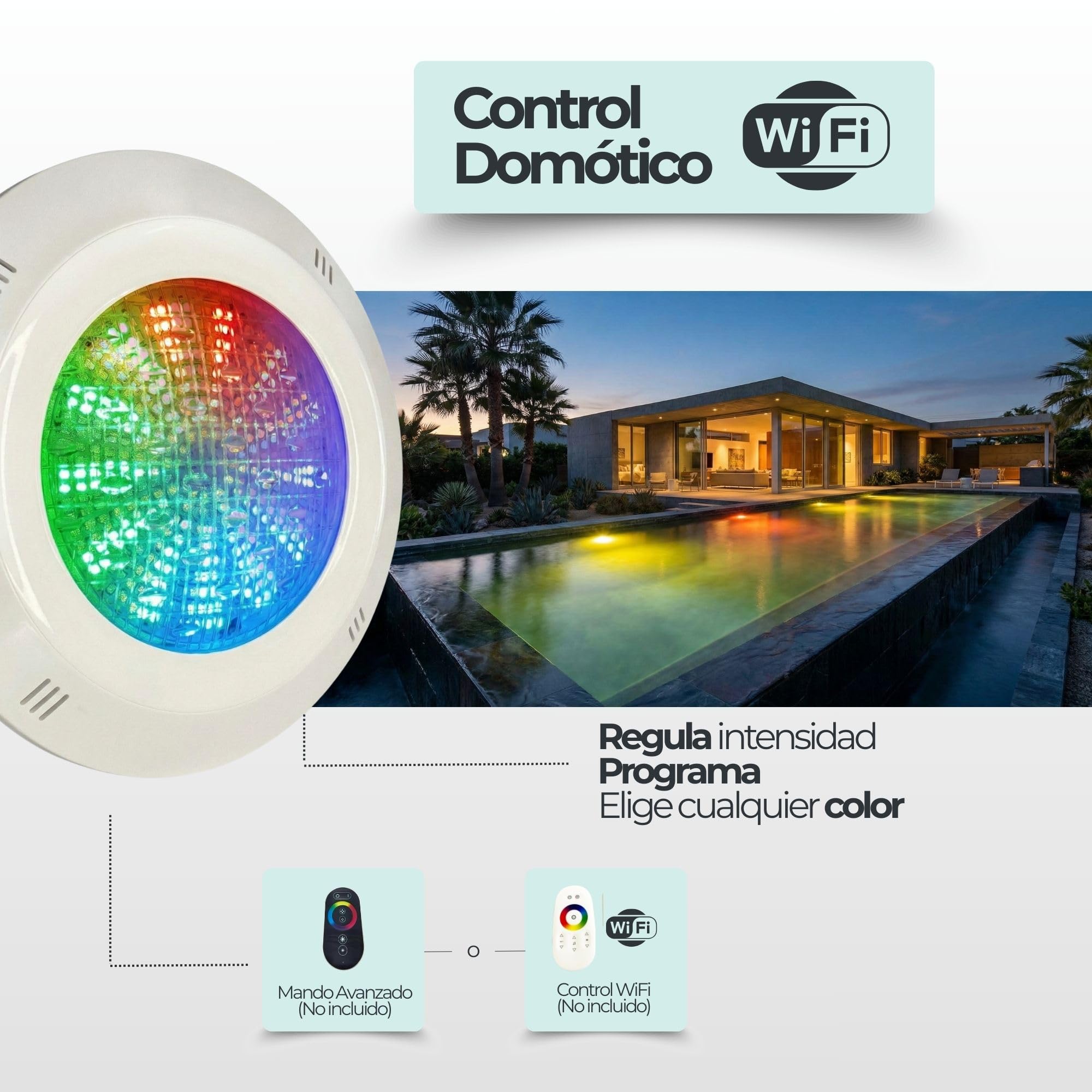 SWIMHOME Foco LED Piscina RGB Superficie 18W 12V DC 4 Hilos IP68 Sincronizable Ø29cm Requiere Controlador