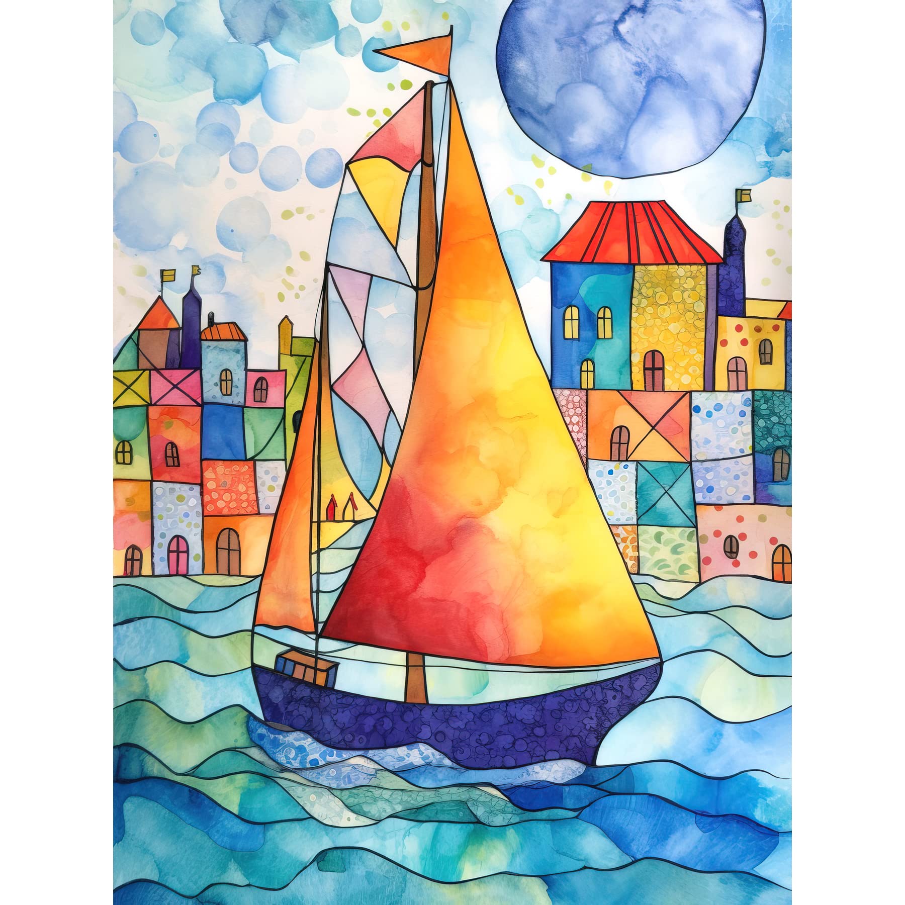 Artery8 Sailboat By Harbour Folk Art Large Wall Art Poster Print Thick Paper 18X24 Inch