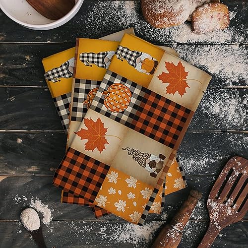 Miniatura 2 de Toallas de cocina, paños de limpieza de microfibra, Acción de Gracias, calabaza, pavo, hojas de arce, gnomo, retro, a cuadros, para cocina, paquete