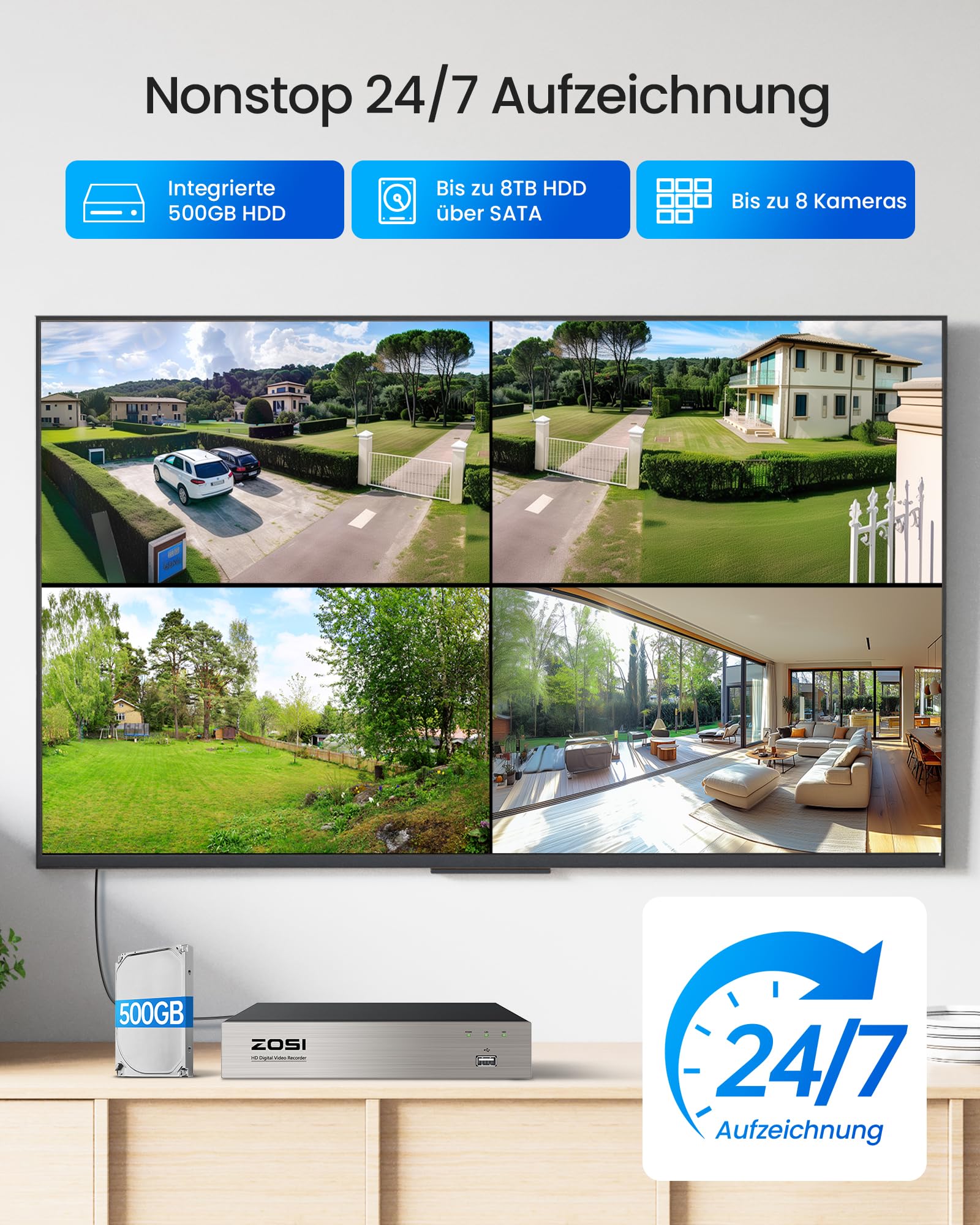 ZOSI 2MP Kabelgebunden Überwachungskamera Set mit Audio, 8CH 500GB DVR und 4X PTZ TVI Aussenkameras, Personen- und Fahrzeugerkennung, Audioaufnahme, IR Nachtsicht
