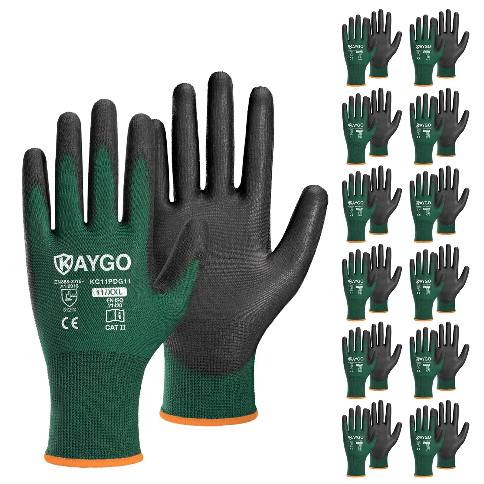 KAYGO Safety Work Gloves PU Coated,12 Pairs KG11PB Seamless Knit Glove for Men and Women, with Smooth Grip on Palm and Fingers, Ideal for General Duty