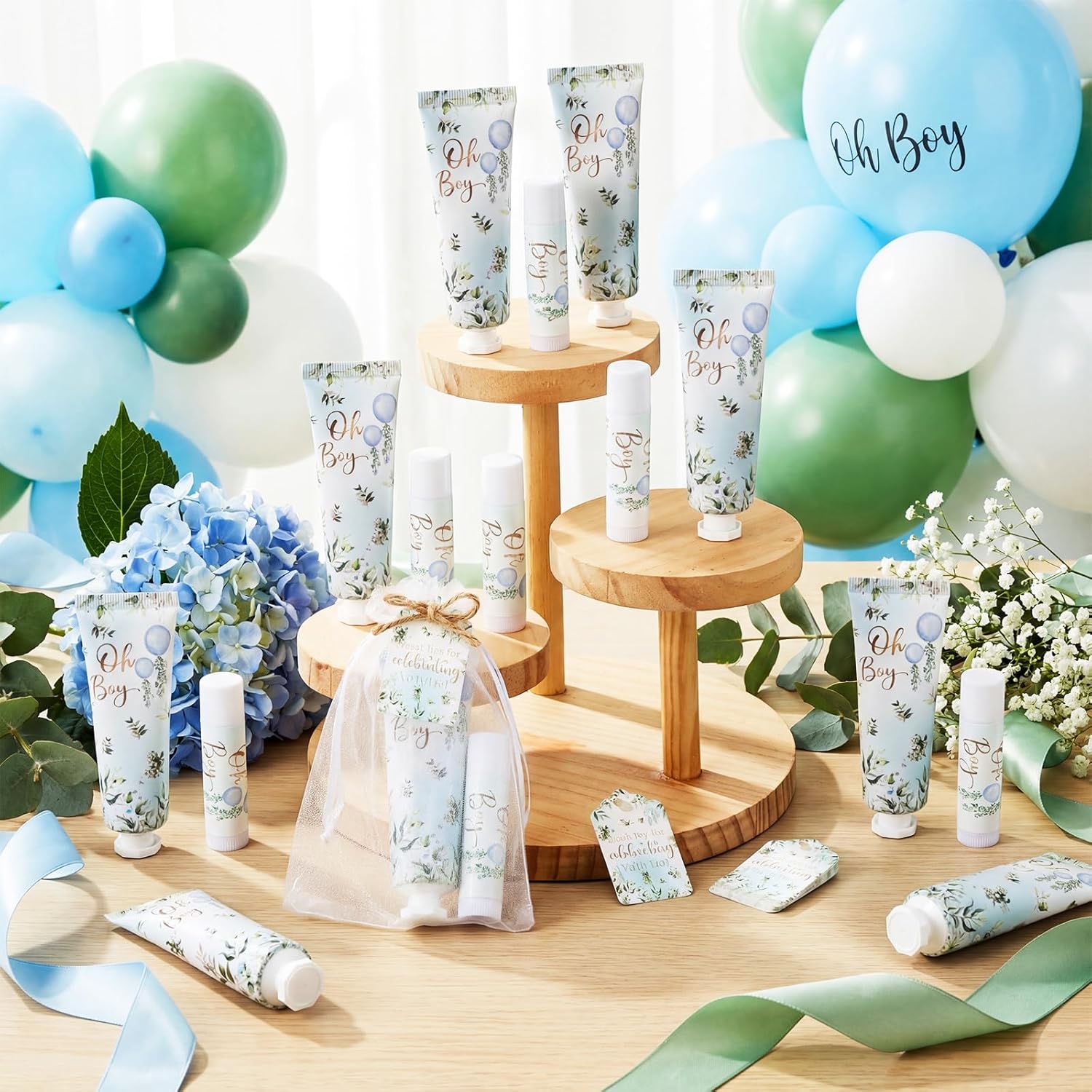 Lounsweer 24 Sets Oh Boy Baby Shower Hand Cream and Lip Balm Gift Blue Balloon Baby Shower Party Favors for Guest Greenery Boy Travel Size Hand Lotion and Lip Balm Birthday Party Supplies