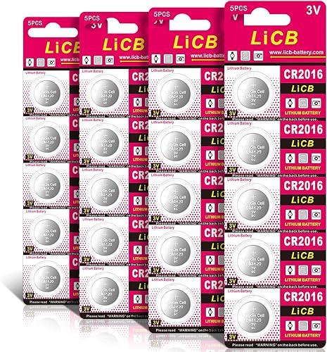 LiCB Batería CR 2016, baterías de litio CR2016, moneda de 3 voltios y pila de botón (paquete de 20)
