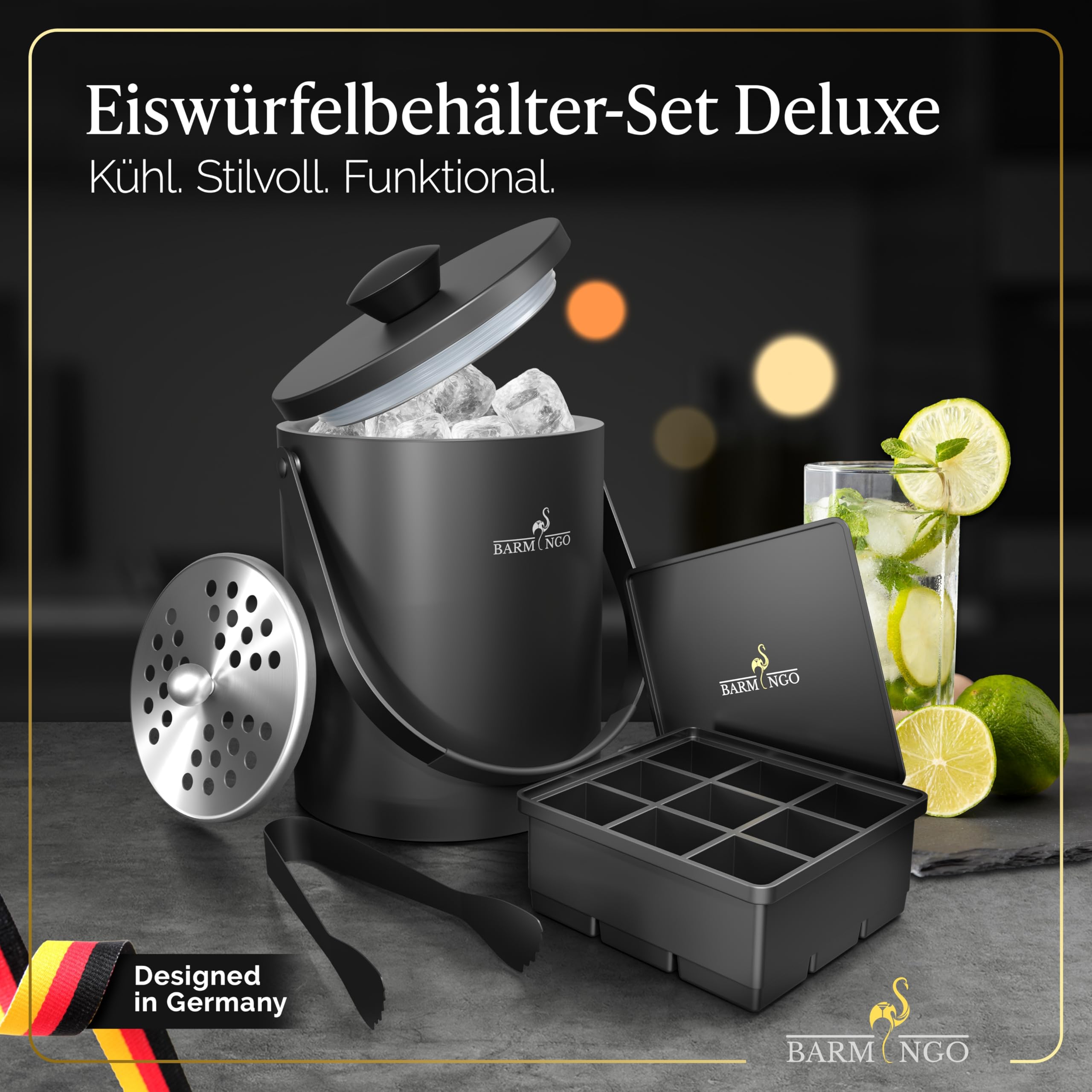 Edelstahl Eiswürfelbehälter mit Deckel - 2l Eiskübel/Eisbehälter für Eiswürfel mit Sieb, Eiswürfelform und Zange | Eiseimer doppelwandig, isoliert, BPA-frei