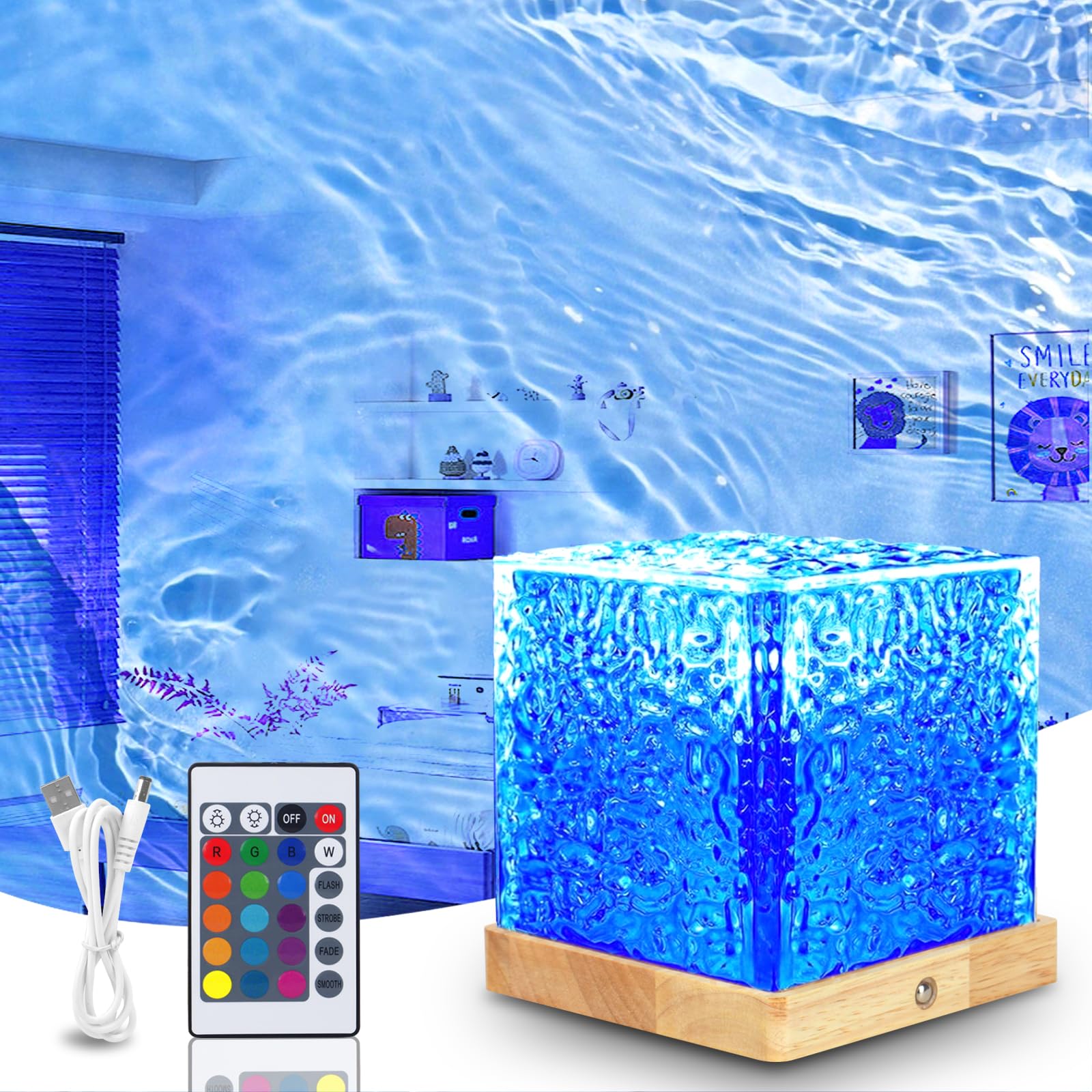 Ocean Lamp Nachtlicht Tischlampe Sternenhimmel Projektor - Wasserwellen Lampe Polarlicht Projektor 16 RGB Farbe - Holzsockel mit Fernbedienung - Wiederaufladbar für Zimmer Deko Erwachsene Kinder