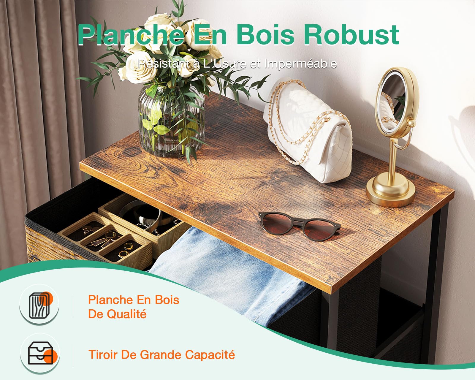 Coleshome Commode Chambre Adulte, avec 4 Tiroirs, Petite Commode Haute avec Tiroir en Tissu, Cadre en Acier Robuste, Plateau en Bois, Convient pour la Chambre et Le Salon, Couleur Vintage