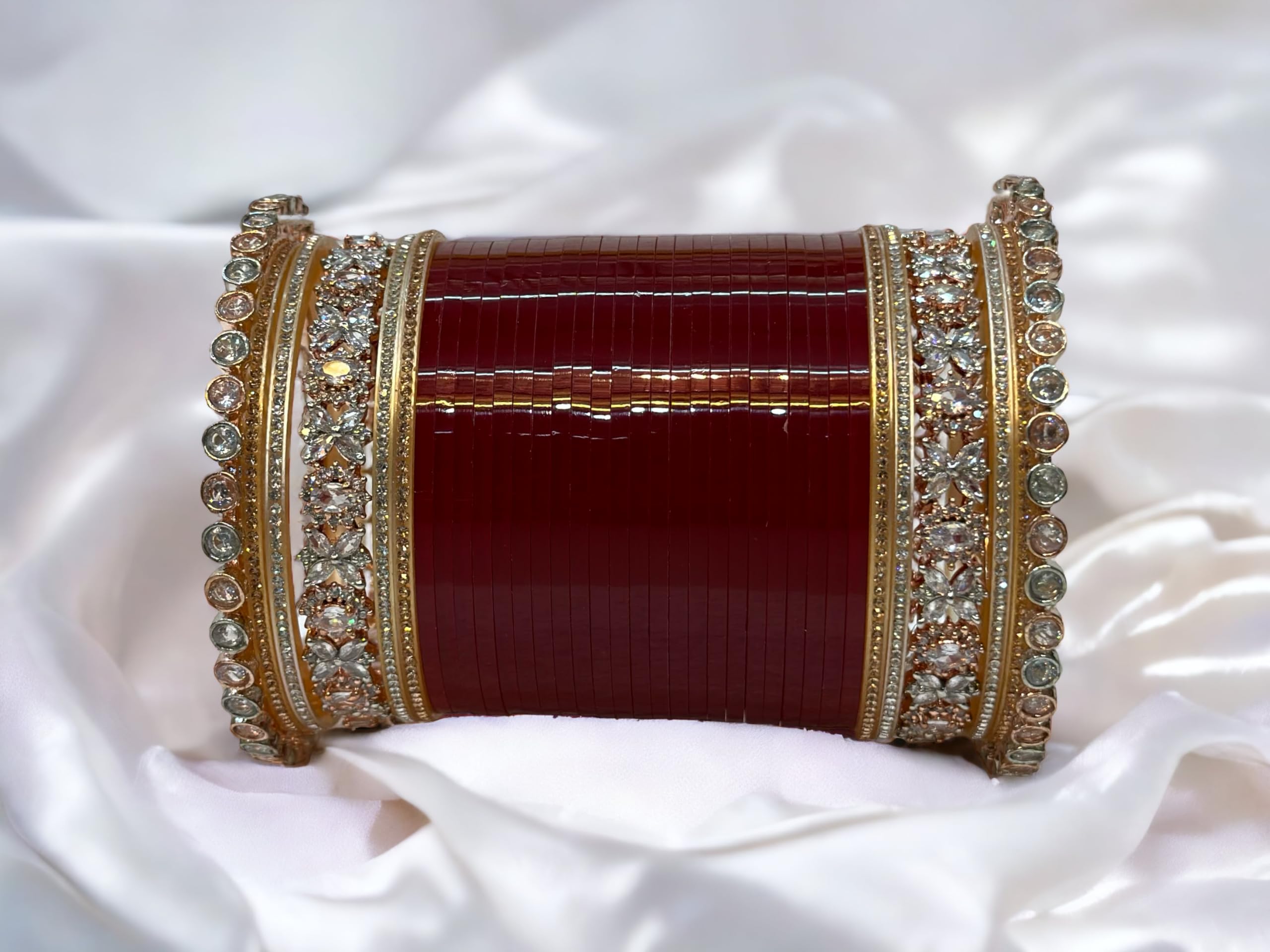 Women's Rose Royal Bridal AD Chuda Set with Wooden Bangle Box