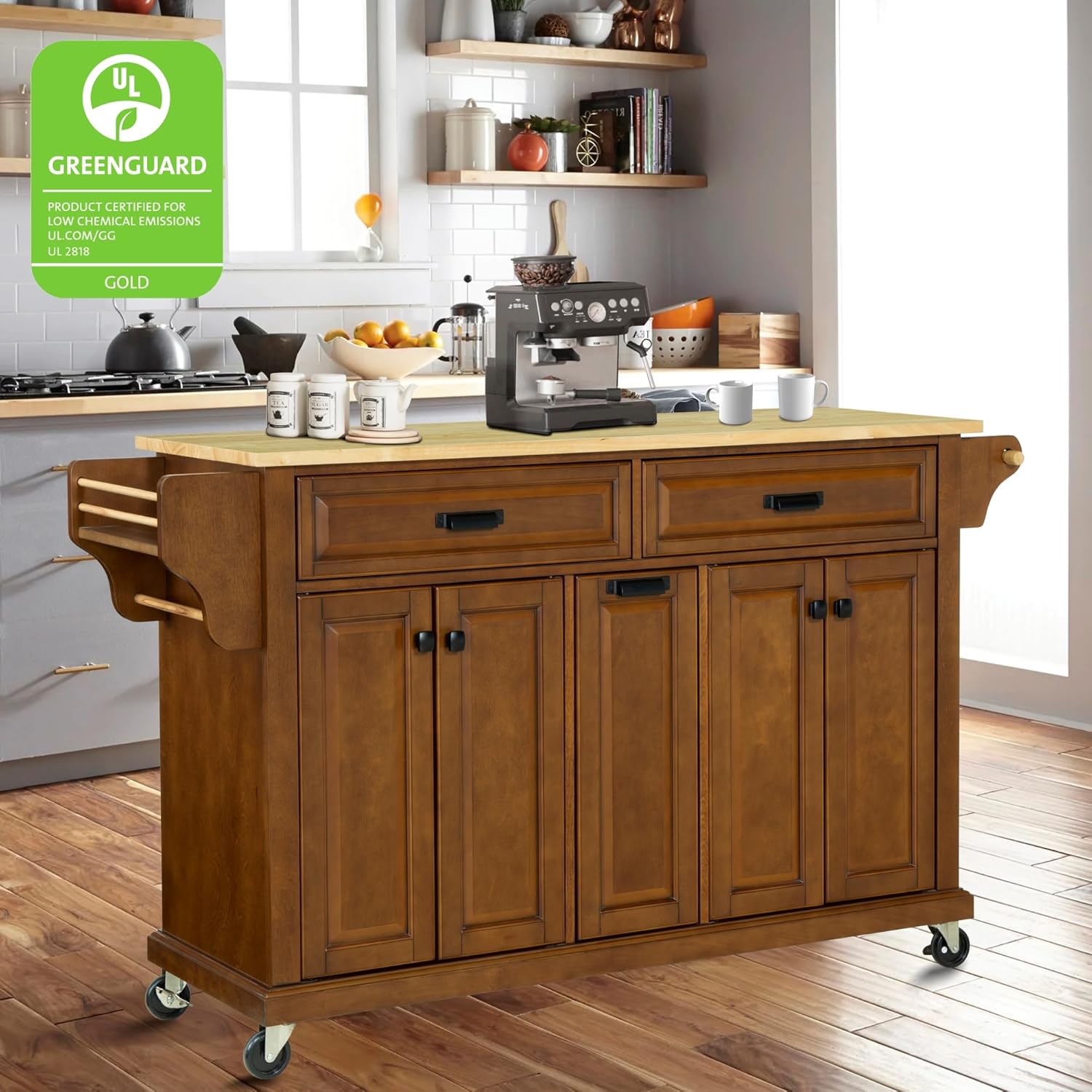 Rolling Kitchen Island Table on Wheels with Wood Top