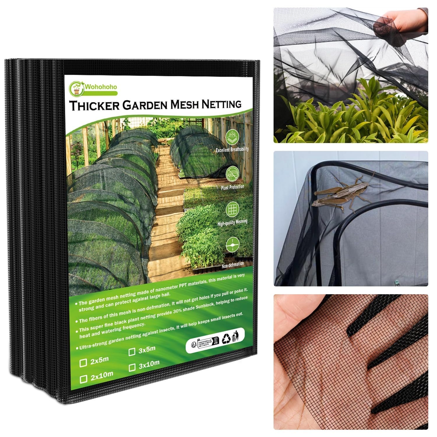 Wohohoho Filet anti-insectes de jardin épais - 2 x 10 m - Ultra fin - Noir - Protection du jardin - Couverture surélevée anti-déformation pour légumes, plantes, fruits, fleurs - Taux d'ombrage de 30 %