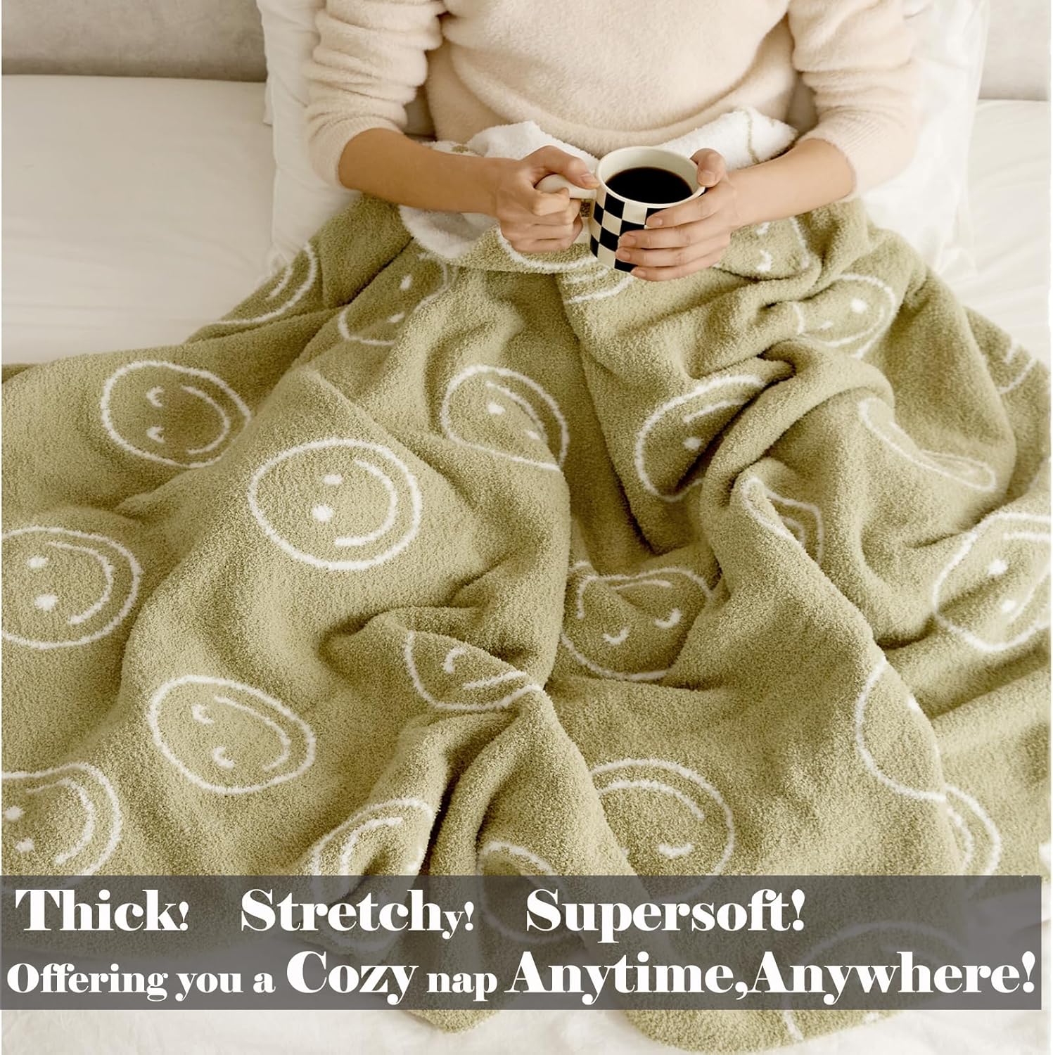 Smiley Face Reversible Sage Green Throw Blanket - Super Soft Cozy Warm Fluffy for Couch Bed Sofa - Aesthetic (63" L x 51" W)