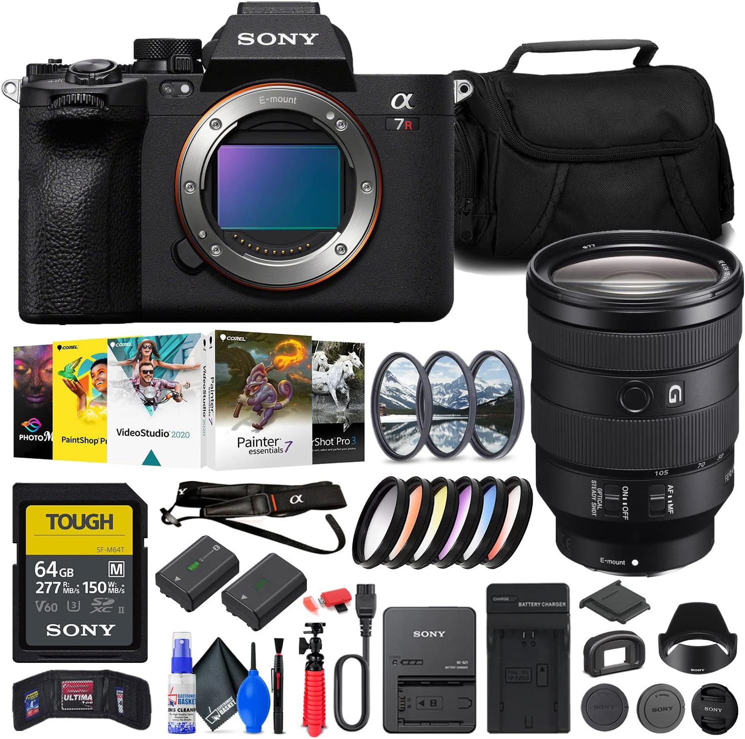 Sony a7R V Mirrorless Camera (ILCE7RM5/B) + Sony FE 24-105mm Lens + 64GB Memory Card + Filter Kit + Color Filter Kit + Photo Software + Bag + NP-FZ100 Compatible Battery + More (Renewed)