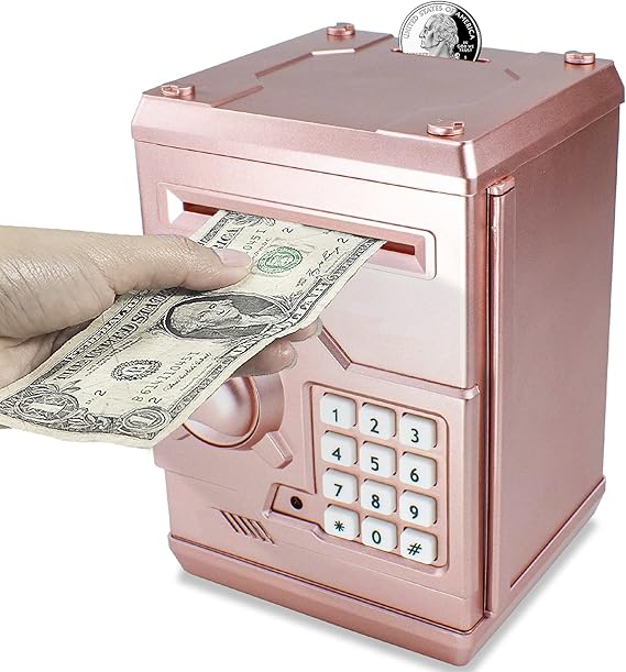 Mini ATM Piggy Bank ATM Machine Best Gift for Kids,Electronic Code Piggy Bank Money Counter Safe Box Coin Bank for Boys Girls Password Lock Case (Rose Gold)